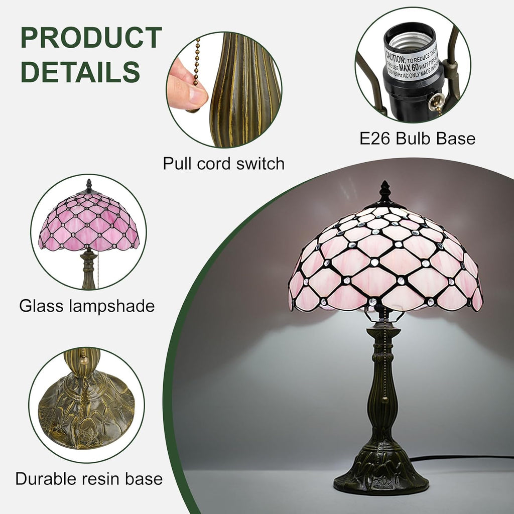 MOAN Lamp Stained Glass Table Lamp 12X12X19 Inch Bedside Reading Light Antique Bronze Base(Pink Pearl Style)