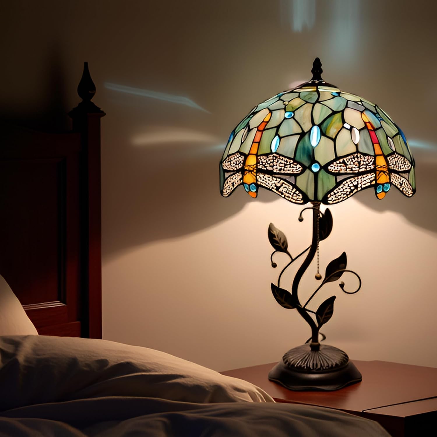 Tiffany Table Lamp, Stained Glass Style Desk Lamp, 12X12X19 Inch,Bedside Reading Light, Metal Leaf Base (Brown Dragonfly Style)
