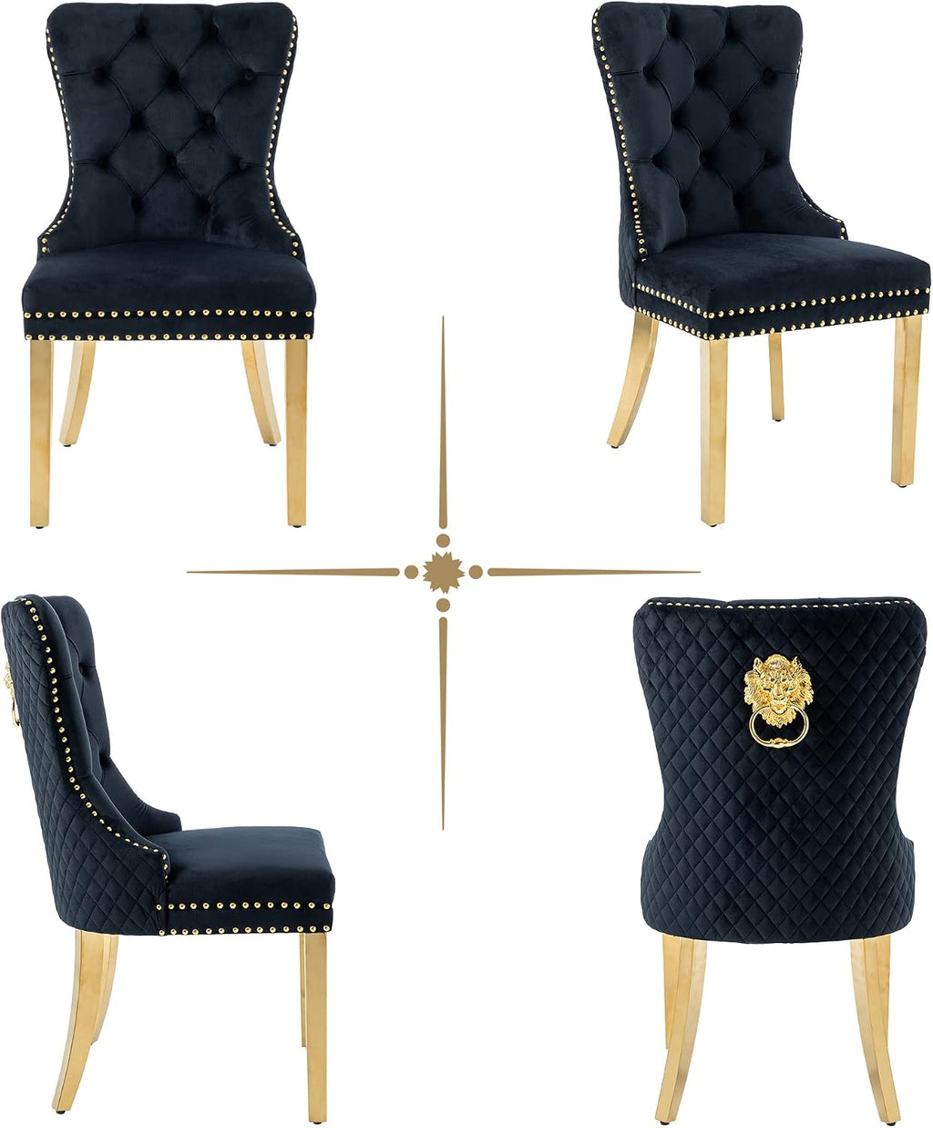 civama Dining Chairs Set of 4, Elegant Luxury Velvet Tufted Dining Chairs Golden Legs & Nailhead Trim, Back Lion Head Pull Ring & Rhomboid Pattern, Nikki Collection Armless Kitchen Chair, Black