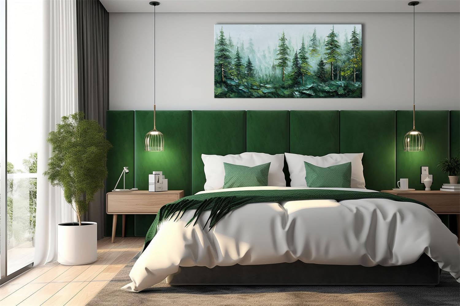Alenoss Hand Painted Modern 3D Abstract Oil Painting 24x48 Inches Large Forest Landscape Textured Canvas Wall Art Green Artwork for Wall Decoration
