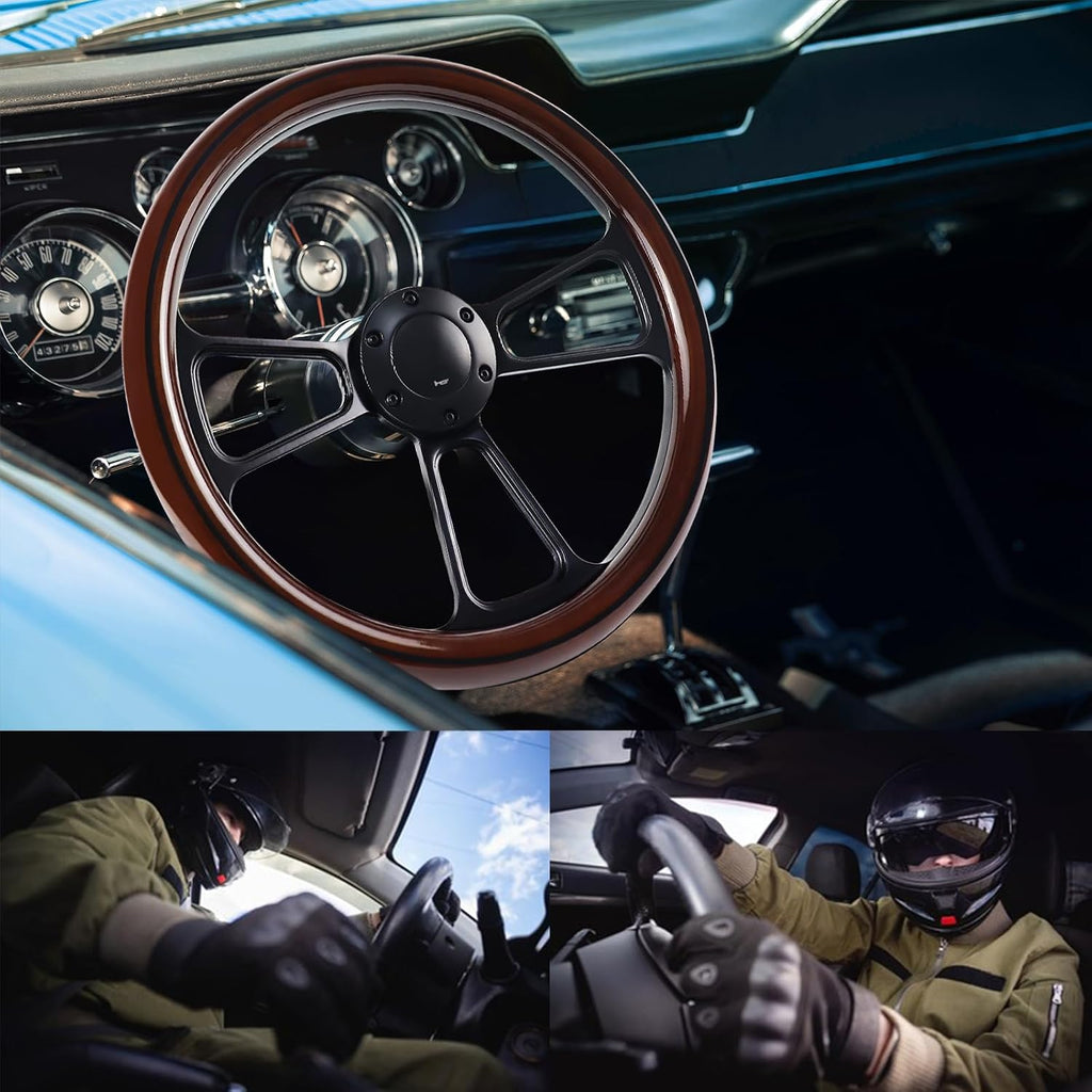 14 Inch Universal Wooden Racing Steering Wheel 6 Bolt Black Aluminum 3 Spoke Vintage with Horn Button for Racing/Rally/Motorsports Black Line Steering Wheel