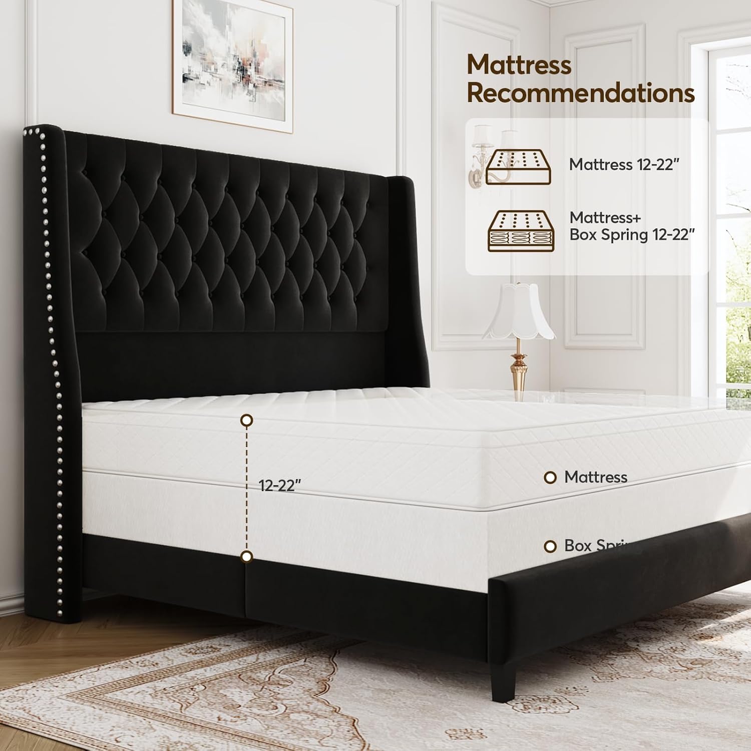 Queen Bed Frame with 55' Tall Headboard, Upholstered Black Bed Frame Queen, Soft Fabric, Button Tufted Headboard with Windback, Platform Bed, Noise-Free, No Box Spring Needed