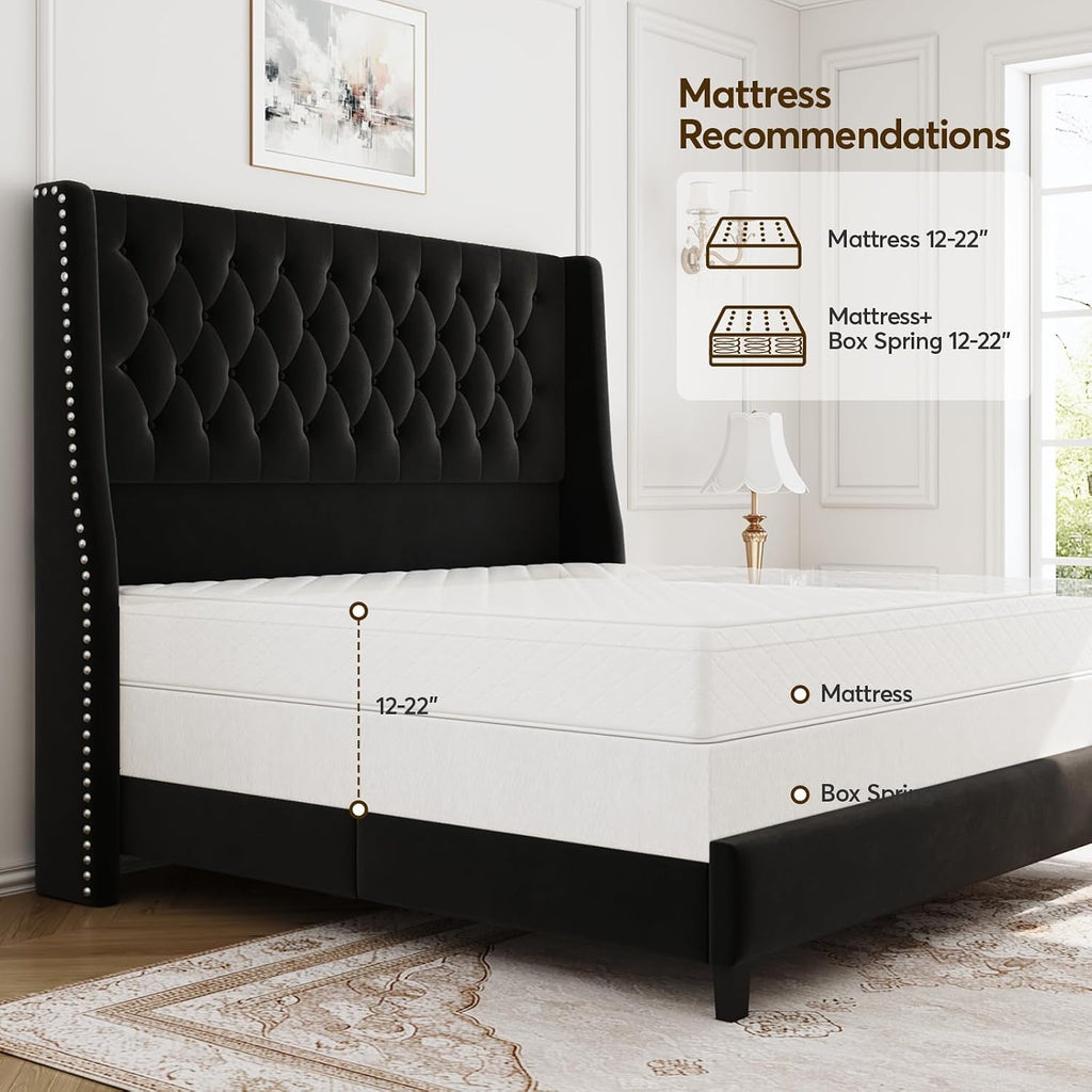 Full Bed Frame with 55' Tall Headboard, Upholstered Bed Frames, Soft Fabric, Button Tufted Headboard with Windback, Platform Bed, Noise-Free, No Box Spring Needed, Black