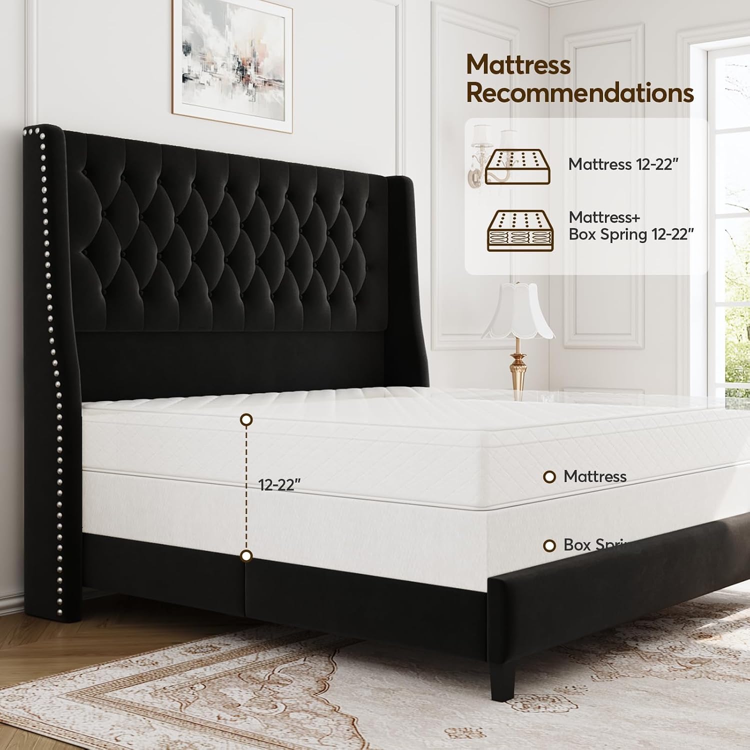 Full Bed Frame with 55' Tall Headboard, Upholstered Bed Frames, Soft Fabric, Button Tufted Headboard with Windback, Platform Bed, Noise-Free, No Box Spring Needed, Black