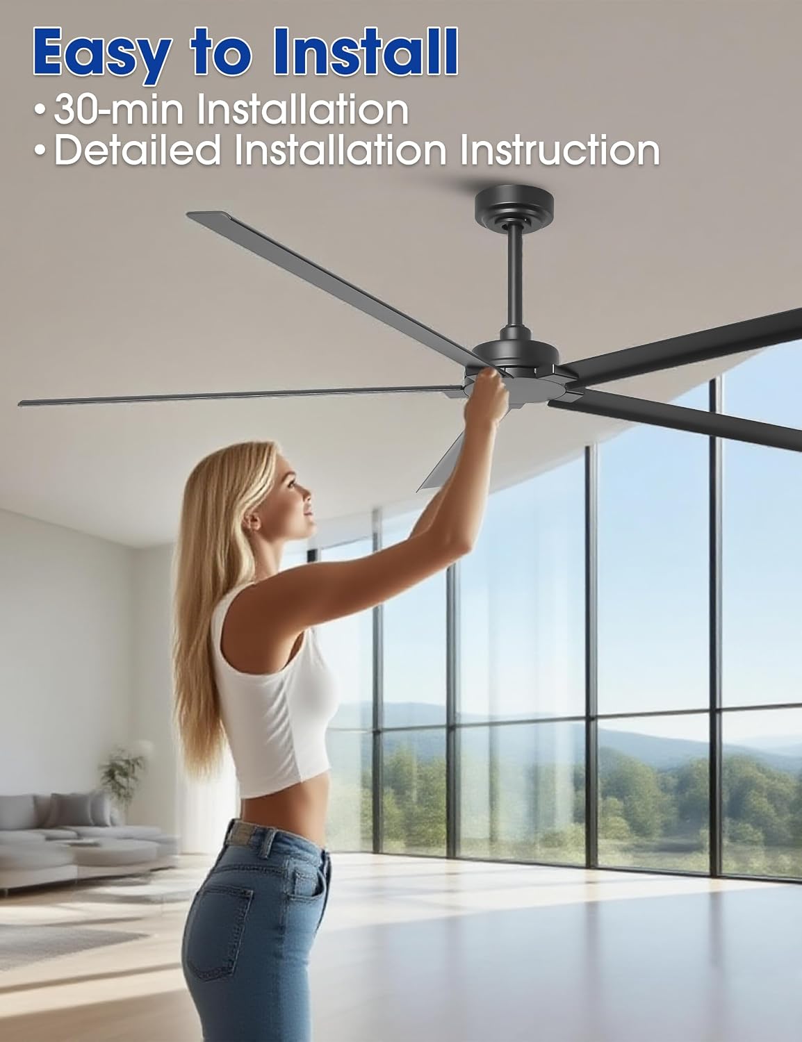 Waterproof Outdoor Ceiling Fans 72 Inch Black Industrial Ceiling Fans without Lights, DC Motor Large Ceiling Fan No Light with 5 Aluminum Blade, Reversible Airflow for Patio Porch Garage Living Room