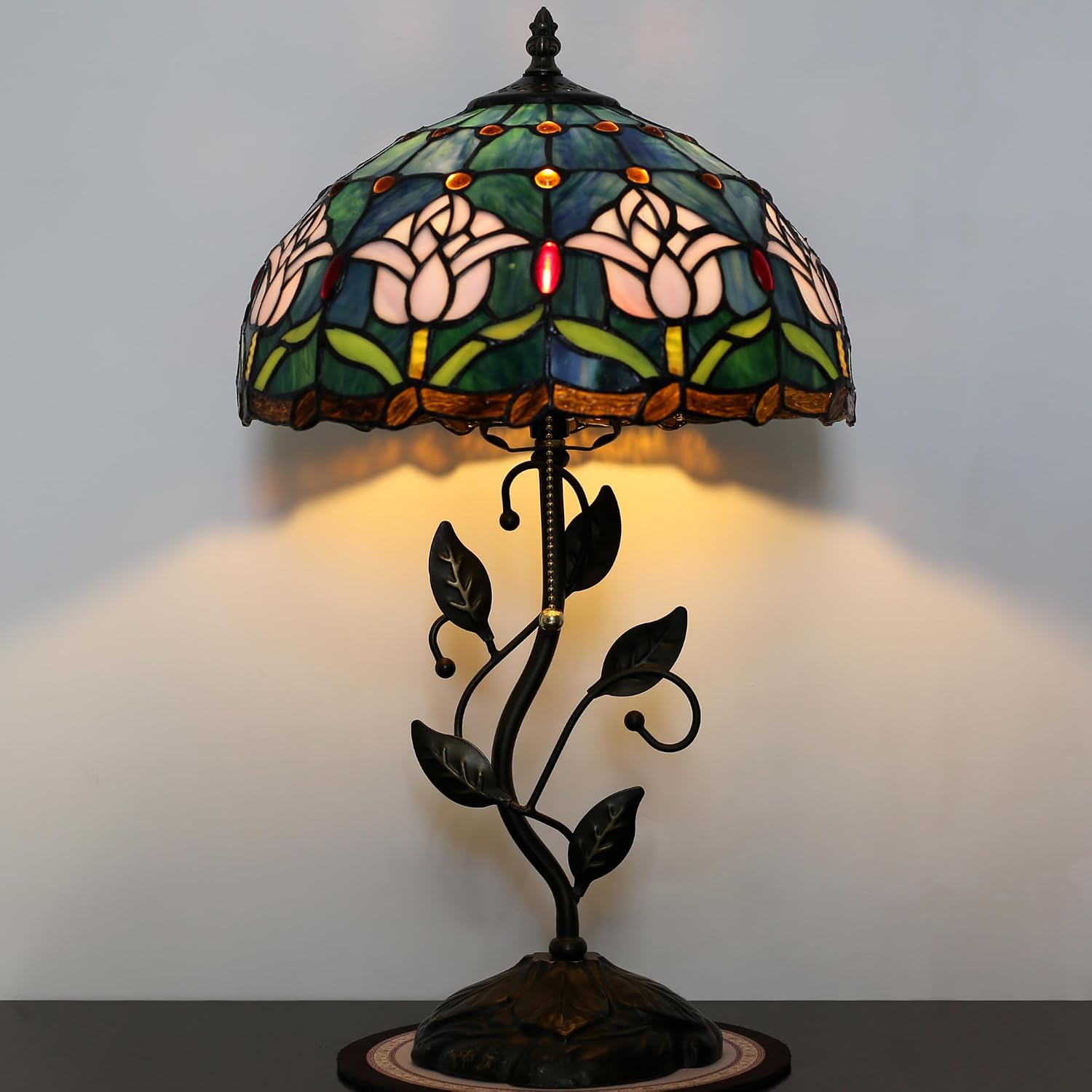 Tiffany Lamp Stained Glass Style Table Lamp Pink Tulips Style Bedside Desk Reading Light W12H19 Inch Metal Leaf Base with Metal Leaf Base