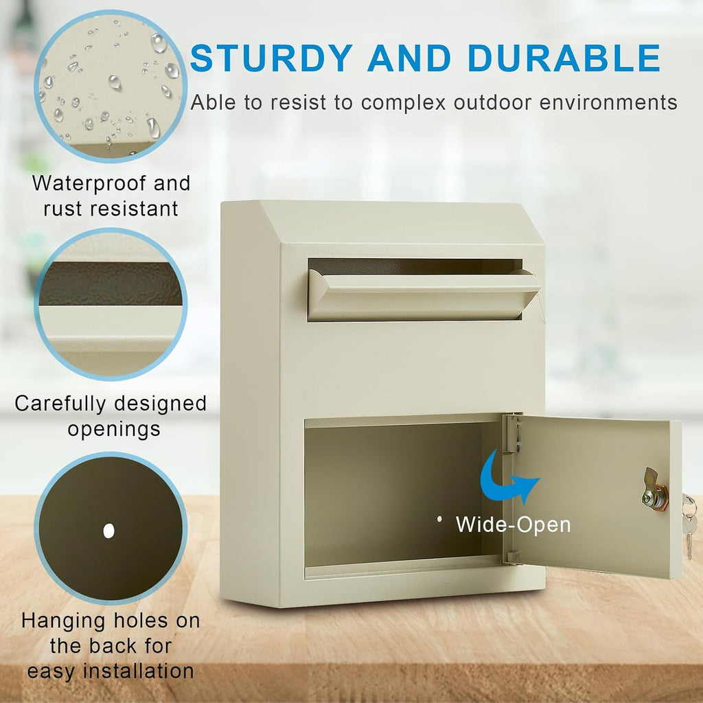 Wall Mount Mailbox for Outside, Locking Key Lock Security Mailbox, 12 x 4.5 x 15 Inch Steel Metal Post Box, Key Drop Box for House Office, White