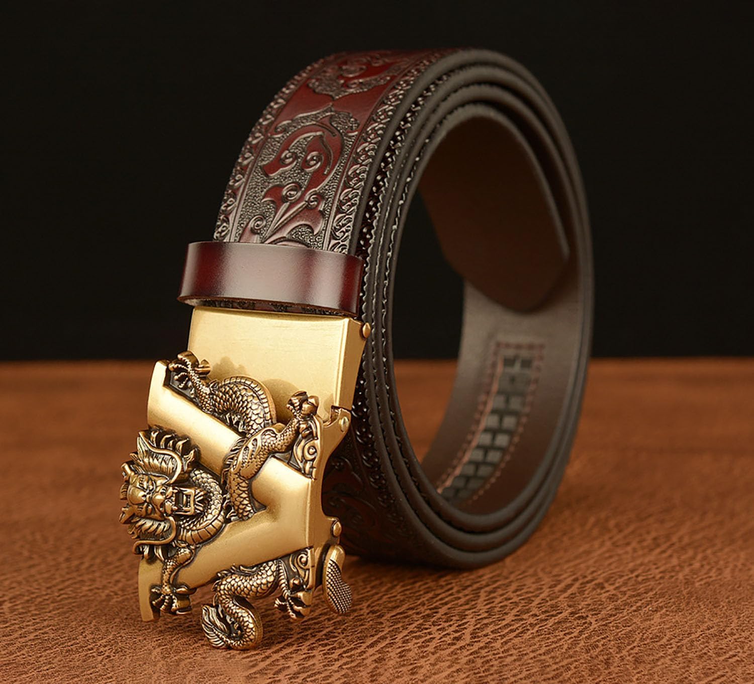 Mens Ratchet Leather Belt, Genuine Leather belts, Engraved Vintage Dragon Eagle Tiger Buckle, Business leisure belt