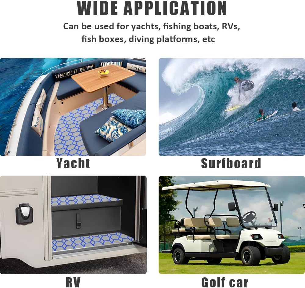 94.5'X37.7' Diamonds and Hexagons EVA Self-Adhesive Boat Flooring and Decorative Fish for Yacht Pool Boat Flooring Sheet Thick Non-Skid mat (Light Grey and Blue, 98.43'X38.58')