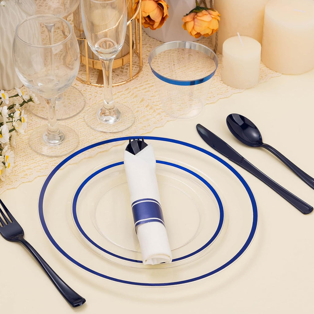 700PCS Clear Blue Disposable Plastic Dinnerware Set for 100 Guests, 200 Plastic Plates, 100 Cups, 100 Pre-Rolled Napkins with Cutlery for Party, Birthday, Christmas, Wedding, Thanksgiving, Halloween