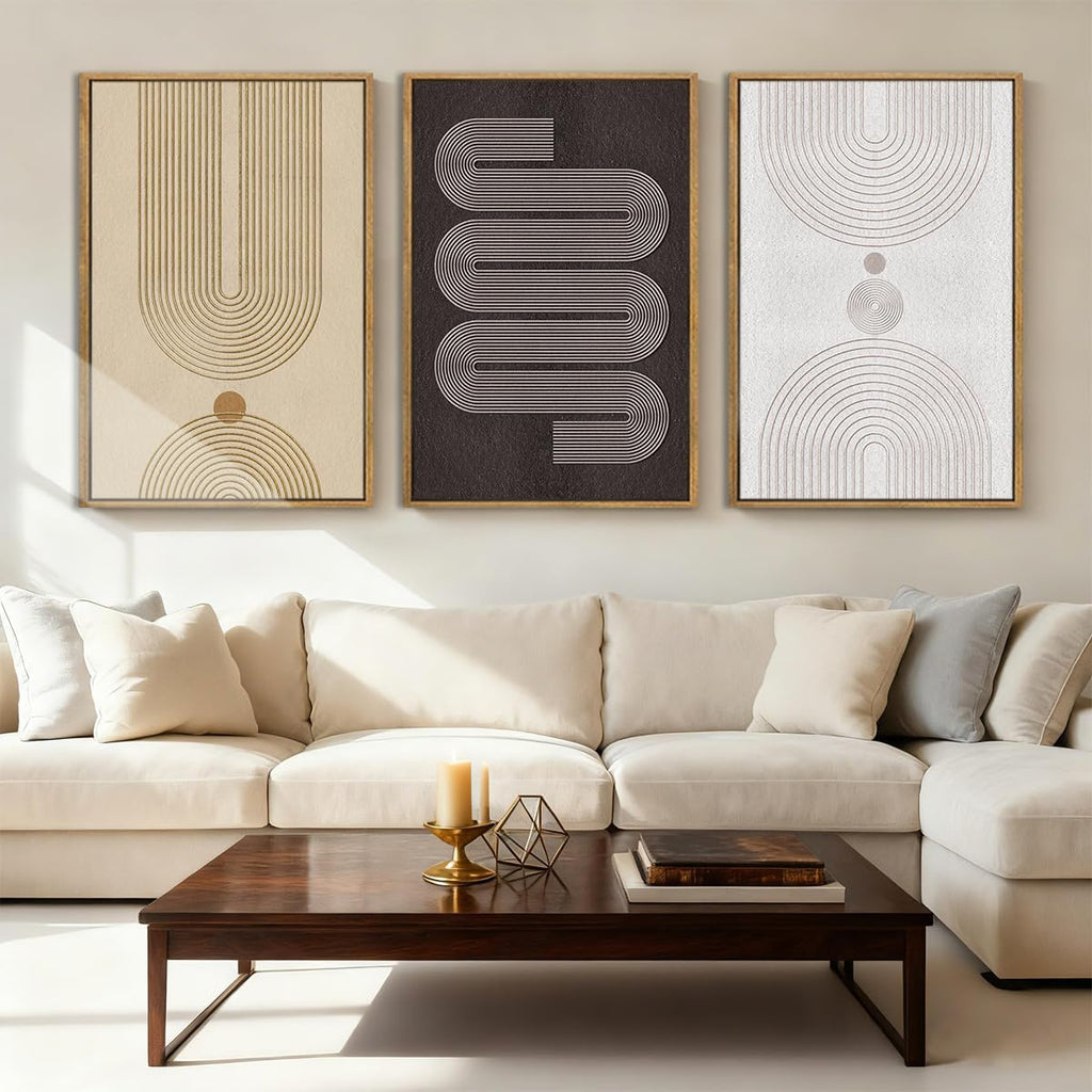 Anyzal Extra Large Modern Neutral Framed Wall Art 24x36 Inch Black Abstract Canvas Wall Decor Beige Boho Geometric Artwork for Living Room Bedroom Dining Room Set of 3