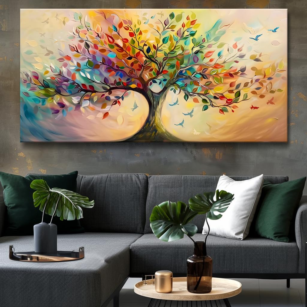 Vibrant Tree of Life Wall Art Colorful Framed Canvas Print for Living Room, Bedroom, Dining Room, or Home Office Modern Ready to Hang Decor,Nature Inspired Home Decoration - 79'x40'