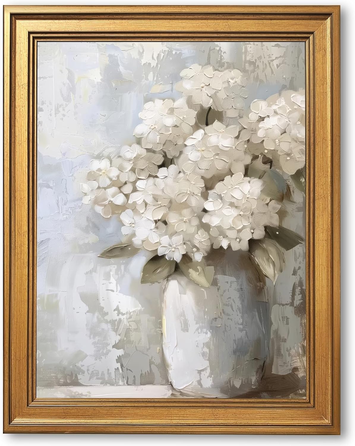 Gold Framed White Hydrangea Wall Art Print Retro Moody Antique Botanical Floral Canvas Poster Vintage Impasto Flowers Oil Painting Picture Artwork Farmhouse French Country Home Decor 20x30inch