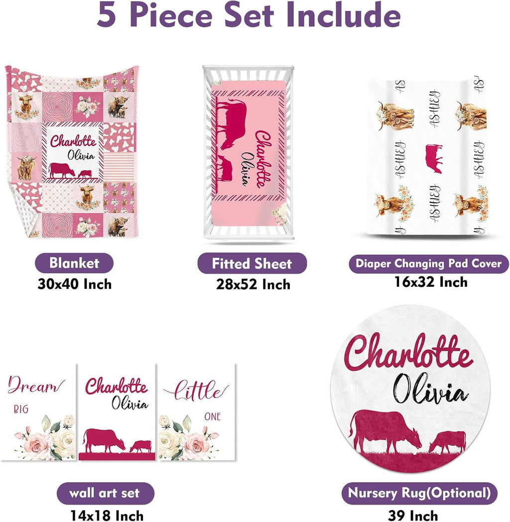 TOOTANN Custom Baby Crib Bedding Set, 5 Pcs Personalized Name Baby Crib Sheets for Kid Toddler Infant, Pink Background Highland Cow Plaid Pattern Nursery Bedding Set