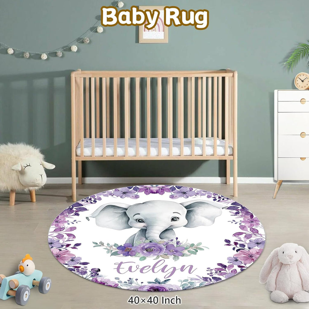 Terwex Personalized Baby Crib Set, 5 Pcs Custom Name Bedding for Girls Boys - Nursery Crib Sets, Soft Toddler Sets for Infant Customized Gifts, Purple Elephant