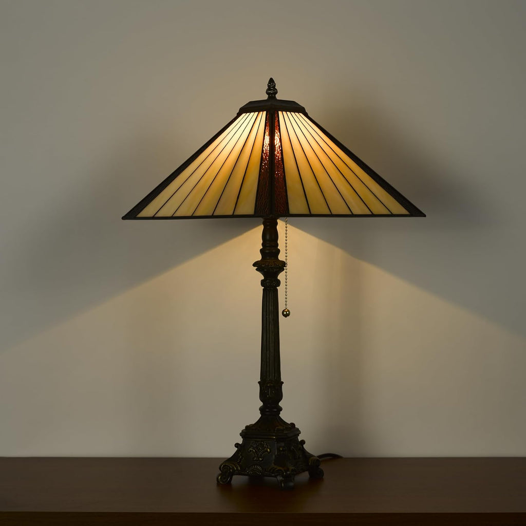 Tiffany Table Lamps Yellow Brown Stained Glass Striped Checkered Style Mission Desk Lamp 12X12X24 Inch Bronze Resin Base