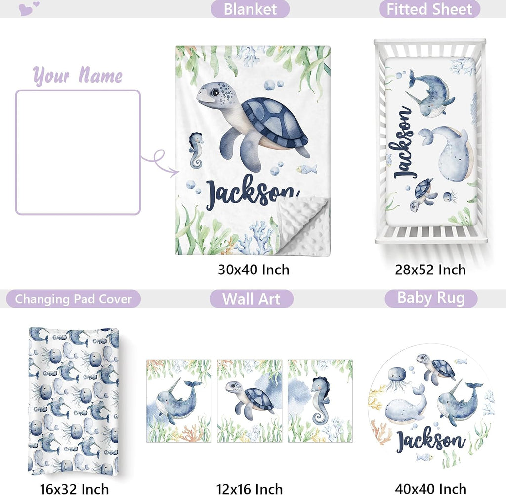 Custom Baby Crib Bedding Set, 5 PCS Personalized Name Baby Crib Sets for Girls Boys, Sea Animals Theme Nursery Bedding Sets for Infant Toddler, Double Layer Flannel Bed Set Customized Gifts