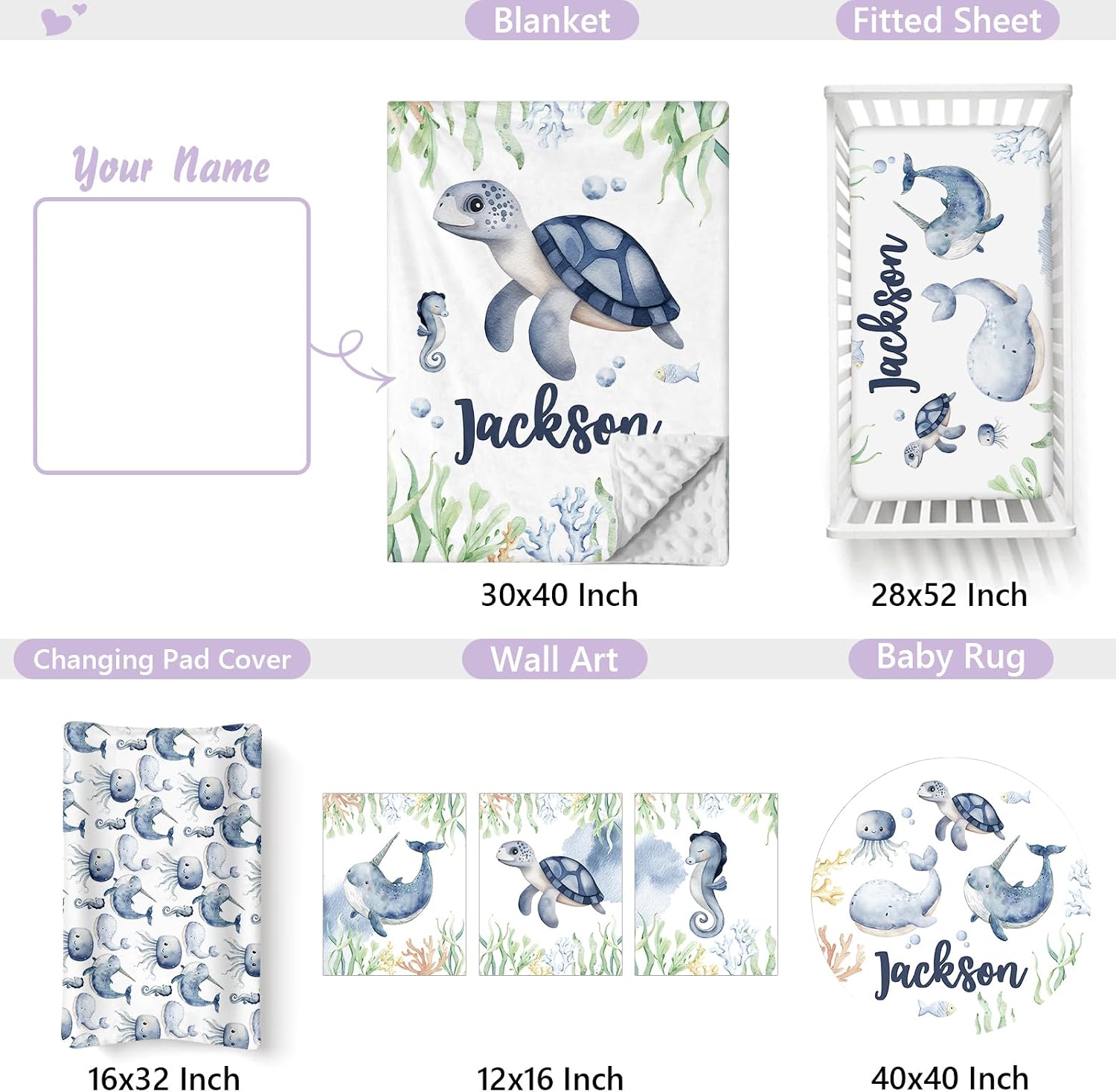 Custom Baby Crib Bedding Set, 5 PCS Personalized Name Baby Crib Sets for Girls Boys, Sea Animals Theme Nursery Bedding Sets for Infant Toddler, Double Layer Flannel Bed Set Customized Gifts