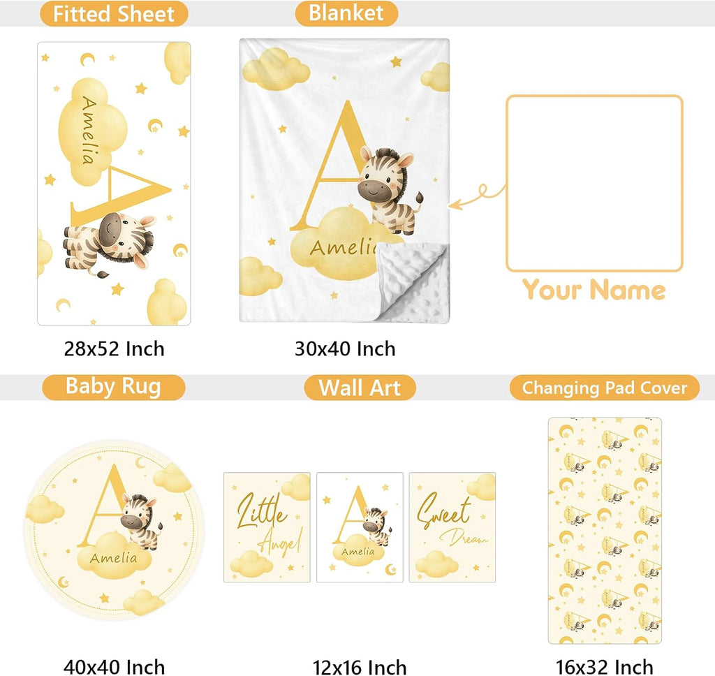 Terwex Personalized Baby Crib Bedding Set, 5 Pcs Custom Name Nursery Bedding Set, Yellow Zebra Baby Bedding Set for Girls Boys, Double Layer Crib Sets, Customized Gifts for Toddler Infant New Parents
