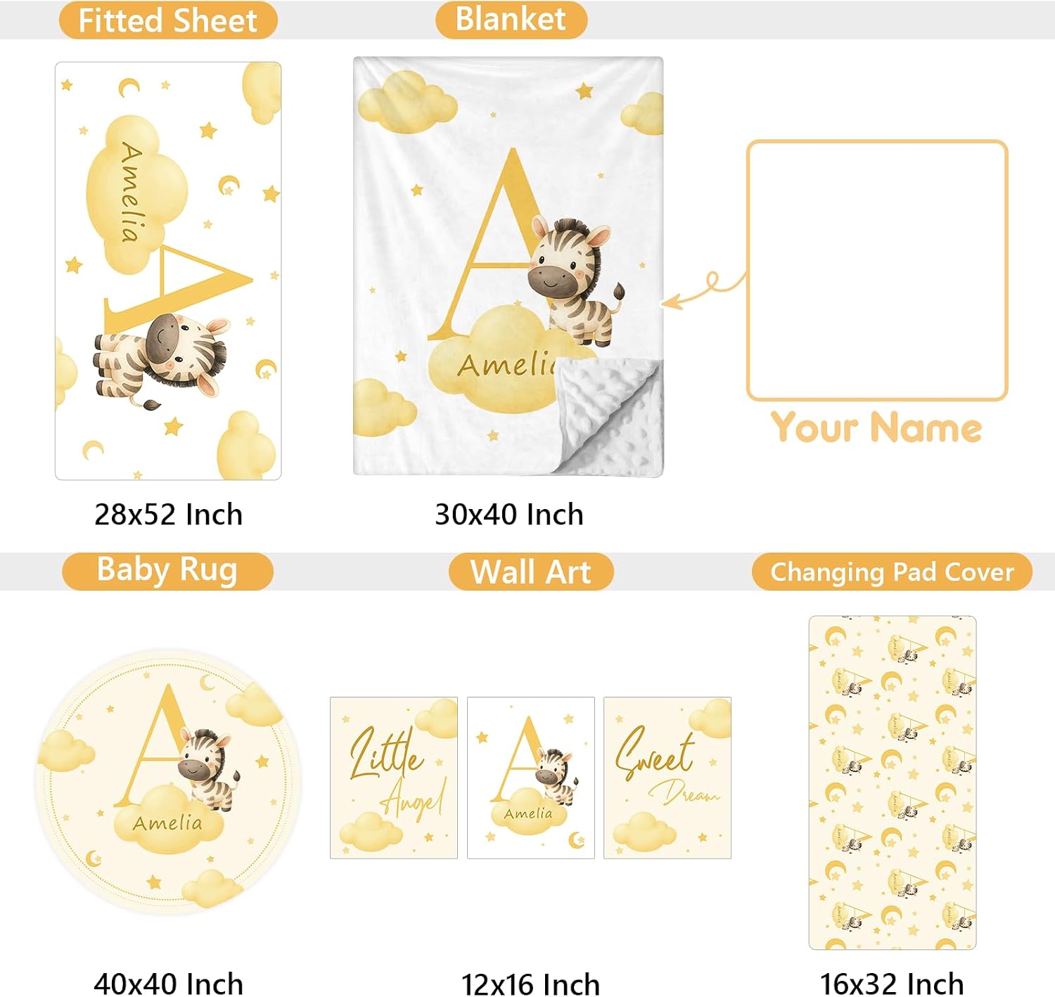 Terwex Personalized Baby Crib Bedding Set, 5 Pcs Custom Name Nursery Bedding Set, Yellow Zebra Baby Bedding Set for Girls Boys, Double Layer Crib Sets, Customized Gifts for Toddler Infant New Parents