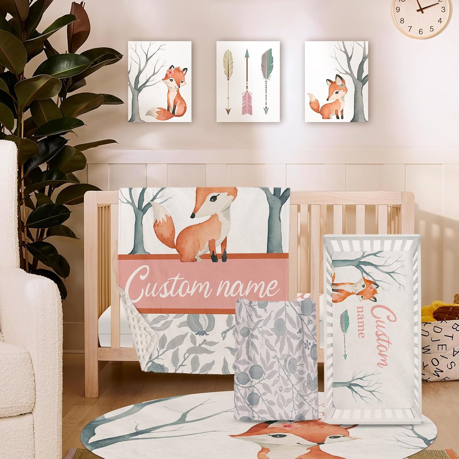 Personalized Nursery Crib Bedding Set: Custom Name 5 Piece Baby Crib Sets with Cute Fox Pattern - Toddler Double Layer Blanket Set, Comfortable Crib Bed Sheets for Baby Grils