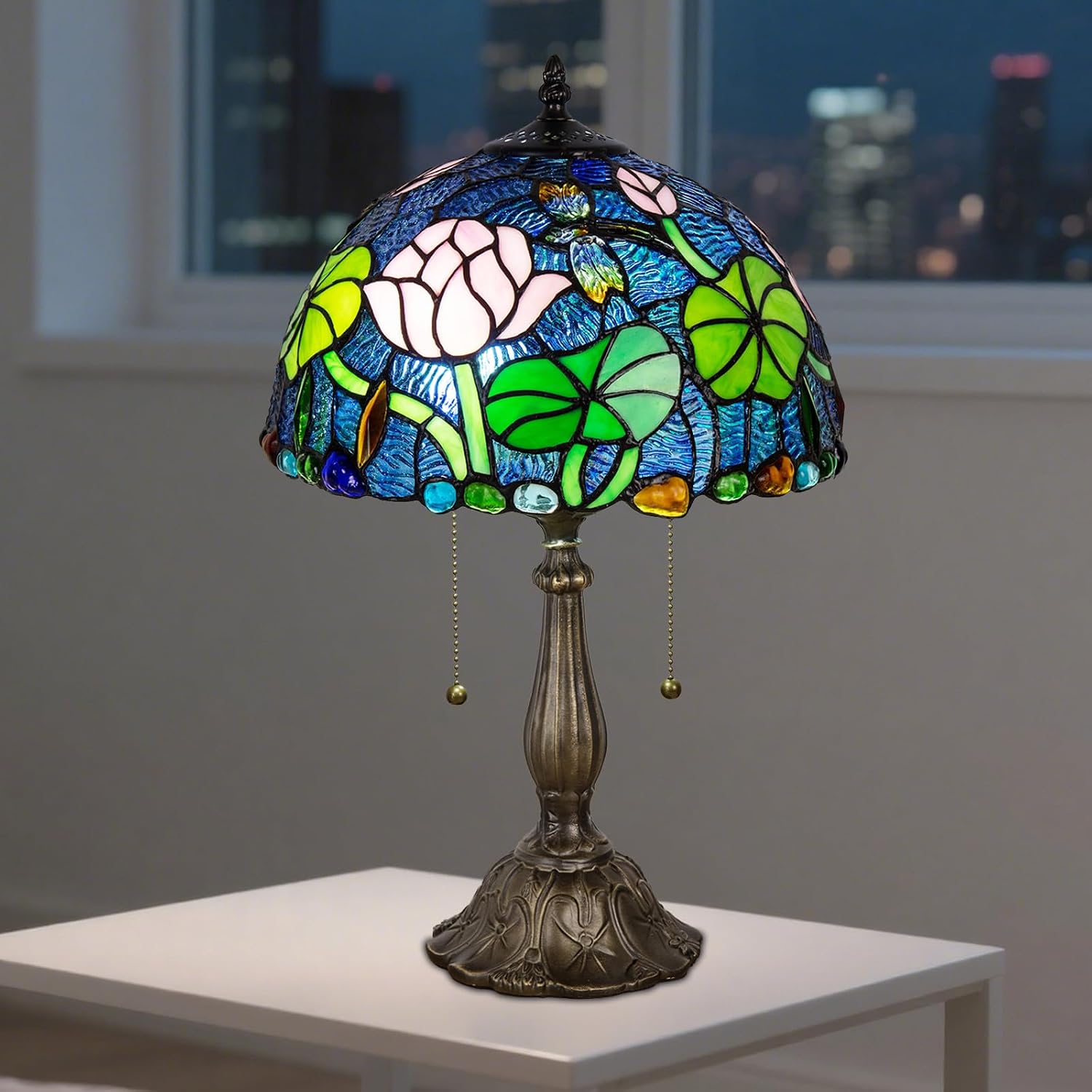 Tiffany Table Lamp, Flower Stained Glass Lamp,12 Inch Tiffany Style Lamp for Bedroom Living Room Home, Handcrafted Light, Included Bulb