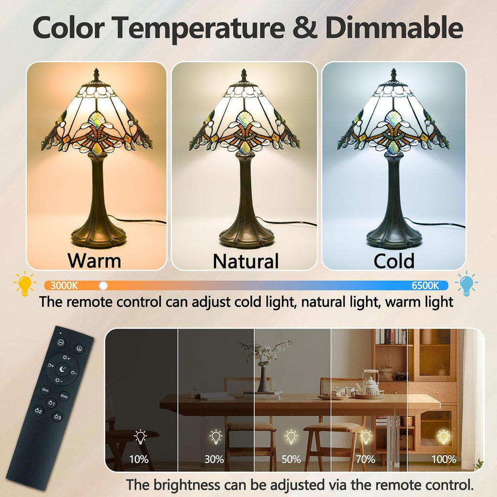 Tiffany Style Table Lamp, Small Stained Glass Lamp for Bedside, Bedroom, Nightstand, Living Room, 12 Inch Mini Vintage Light Included E26 Bulbs with Remote Control (White Umbrella)