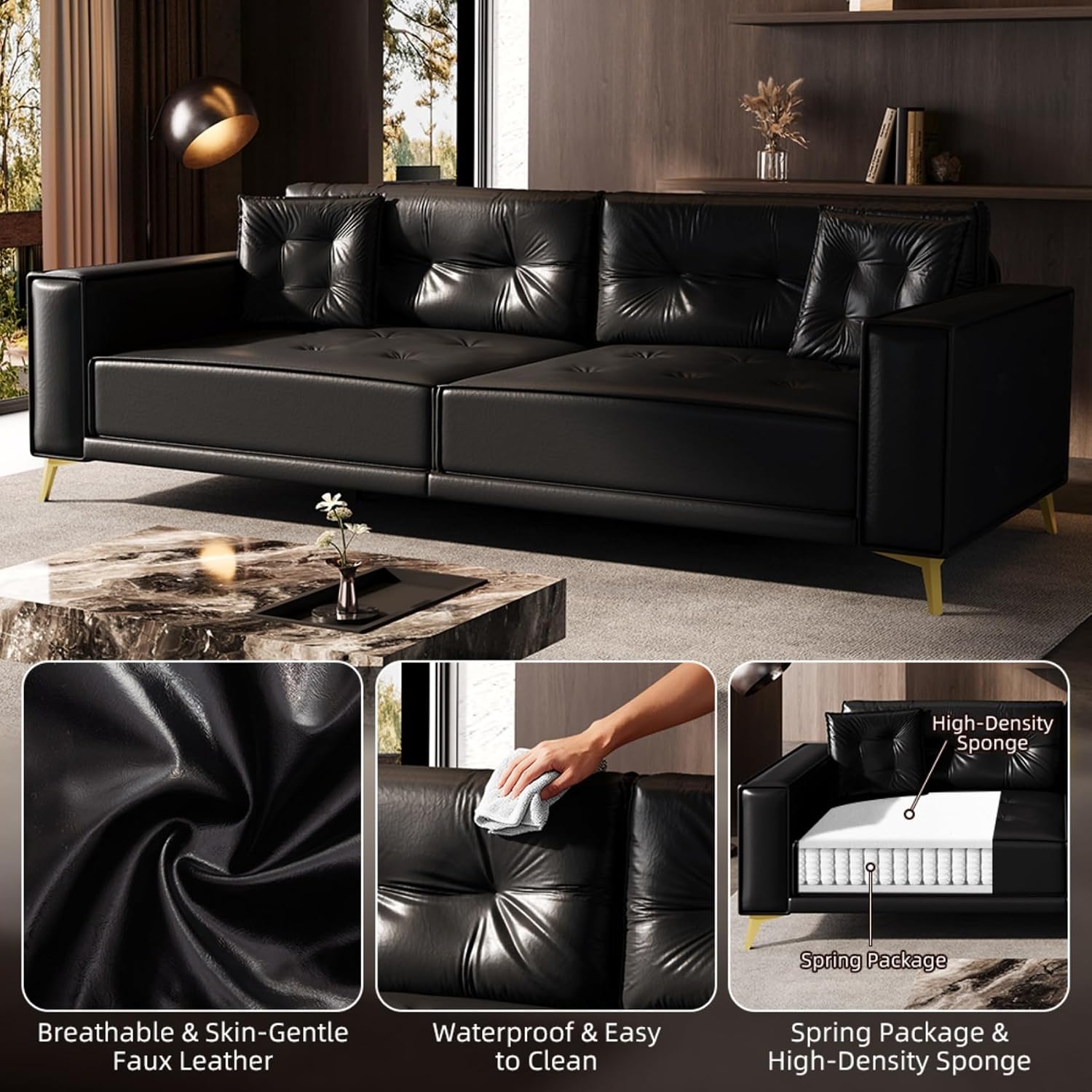 92.1' Chesterfield 3 Seater Pull Out Sofa Bed King Size with 2 Pillows and Golden Legs, PU Leather 3-in-1 Convertible Sleeper Cloud Couch with Tufted Backrest, Black
