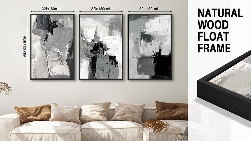 Large Framed Canvas Wall Art - Retro Grey Graffiti Pictures for Living Room Rustic Abstract Wall Decor Vintage Prints for Bedroom Dinning Room Black Float Framed 32' X 48' X 3 pcs