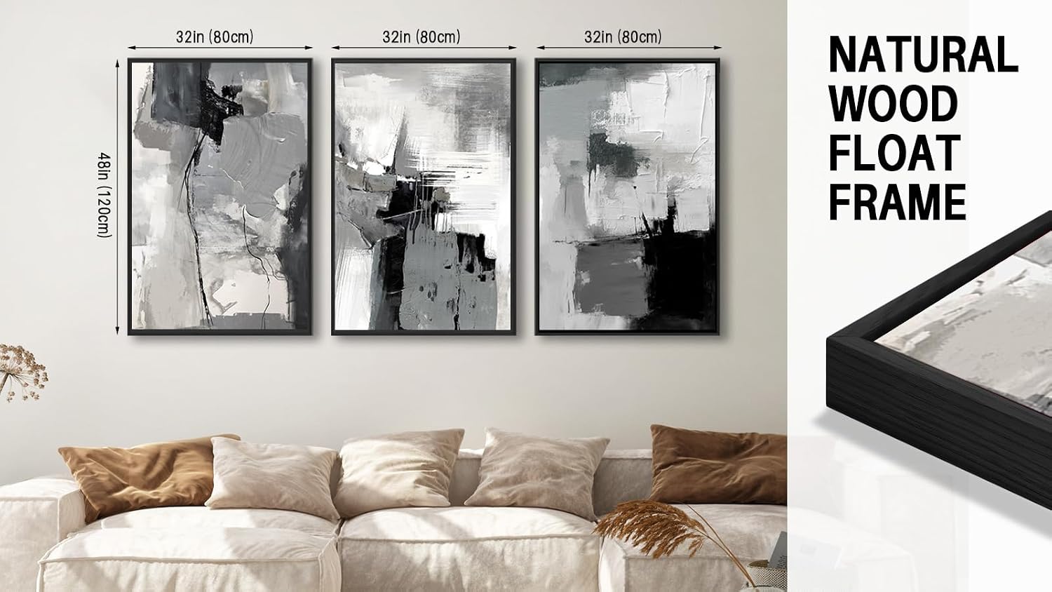 Large Framed Canvas Wall Art - Retro Grey Graffiti Pictures for Living Room Rustic Abstract Wall Decor Vintage Prints for Bedroom Dinning Room Black Float Framed 32' X 48' X 3 pcs