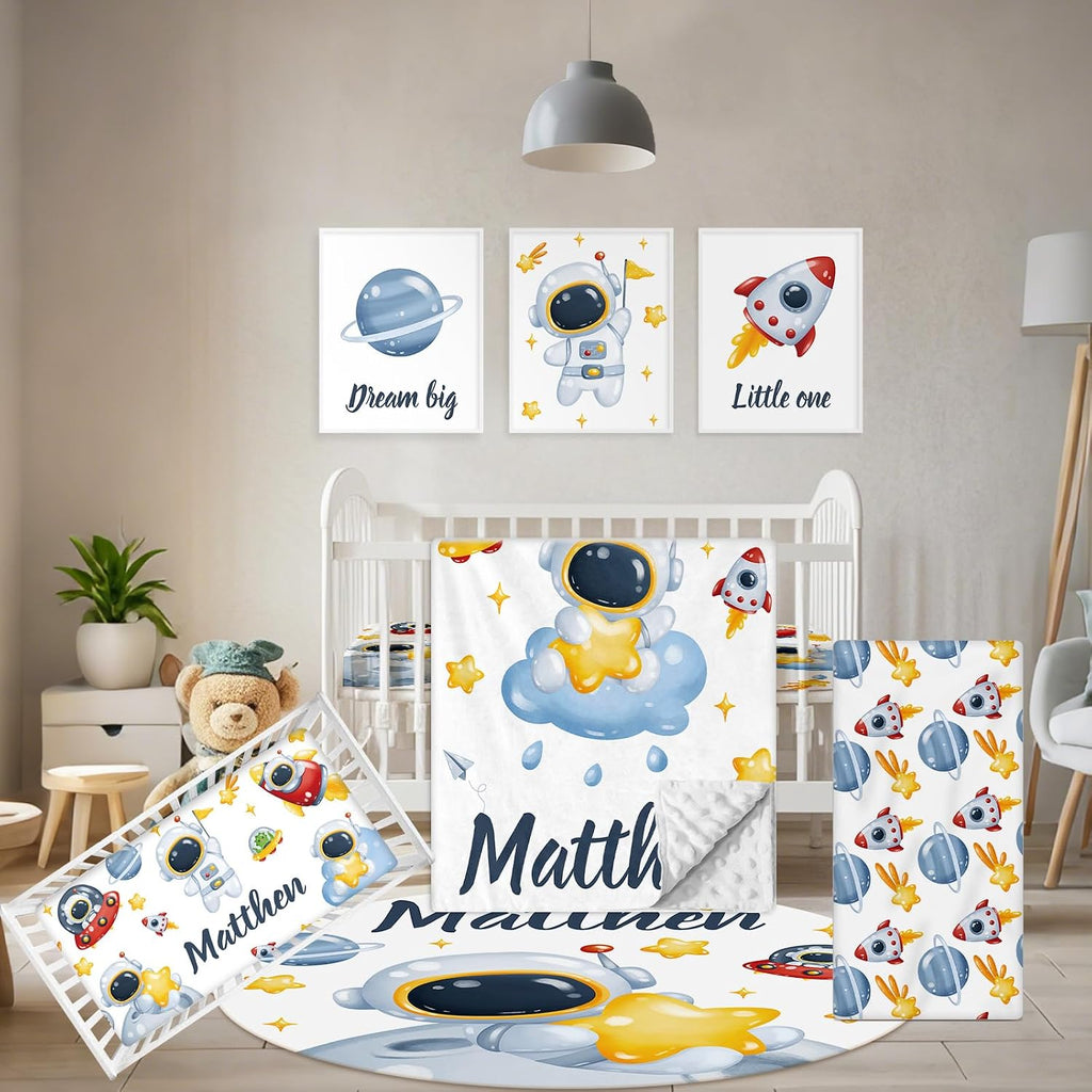 Terwex Customized Baby Bedding Set, 5 Pcs Custom Nursery Bedding Set with Baby Name, Double Layer Crib Set for Girls Boys, Personalized Gifts for Toddlers Infants New Parents, Space Astronaut
