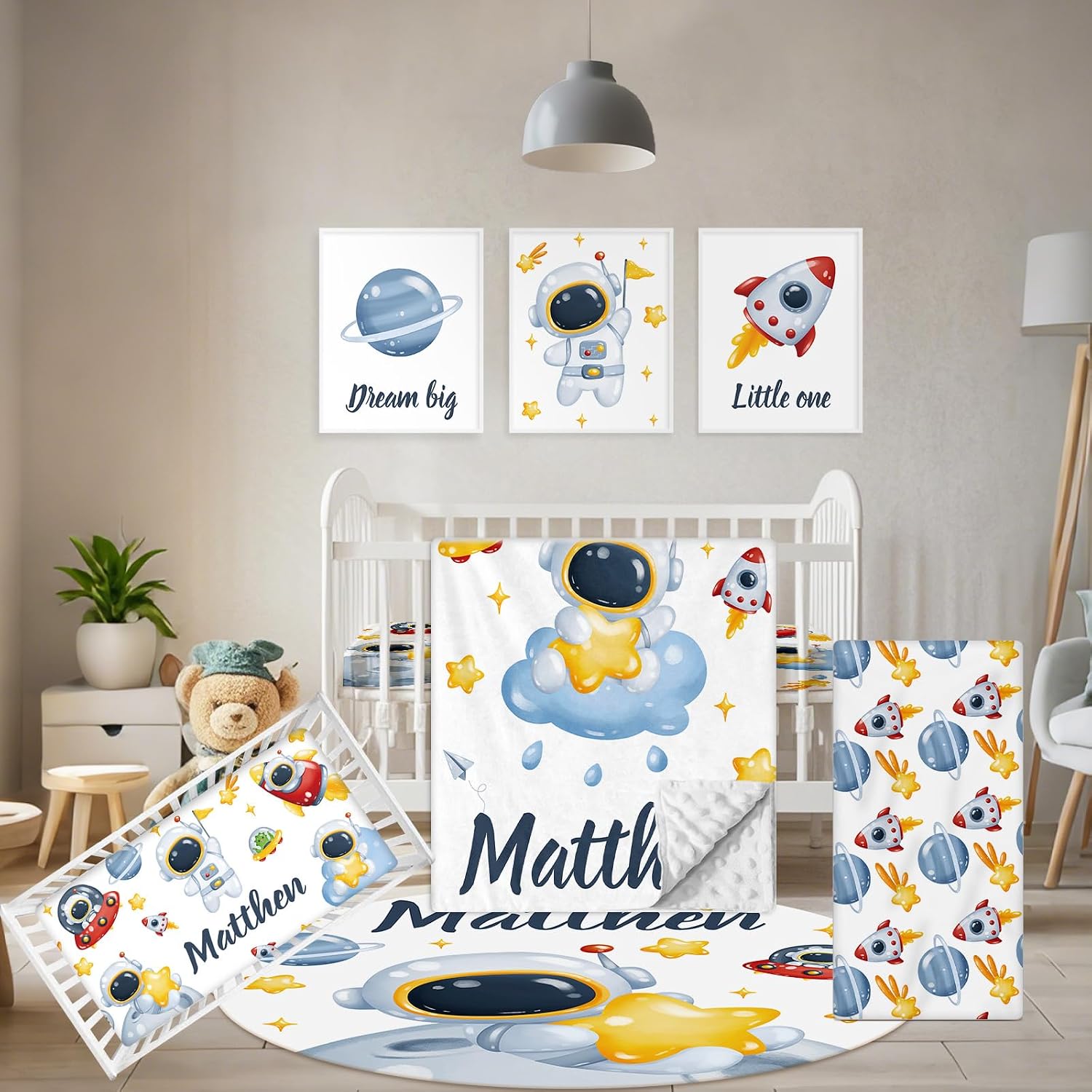 Terwex Customized Baby Bedding Set, 5 Pcs Custom Nursery Bedding Set with Baby Name, Double Layer Crib Set for Girls Boys, Personalized Gifts for Toddlers Infants New Parents, Space Astronaut