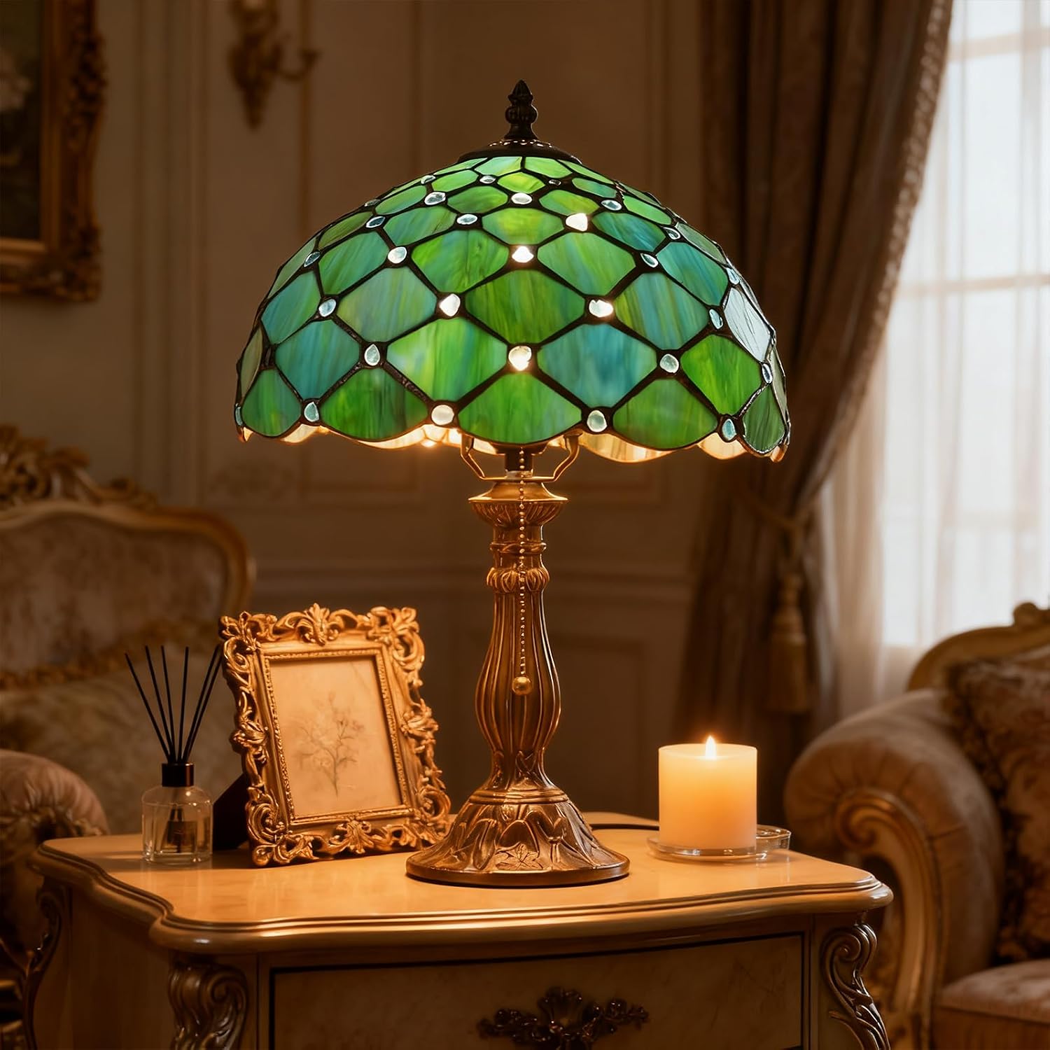 MOAN Lamp Stained Glass Table Lamp 12X12X19 Inch Bedside Reading Light Antique Bronze Base(Sea Blue Pearl Style)