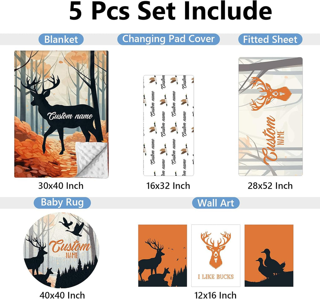 KAINSY Personalized Baby Crib Bedding Set, 5 Pcs Custom Baby Crib Set with Name, Soft Flannel Deer Crib Bedding Set for Boys, Double Layer Nursery Bedding Set, Toddler Infant Bedding Set Parents Gift