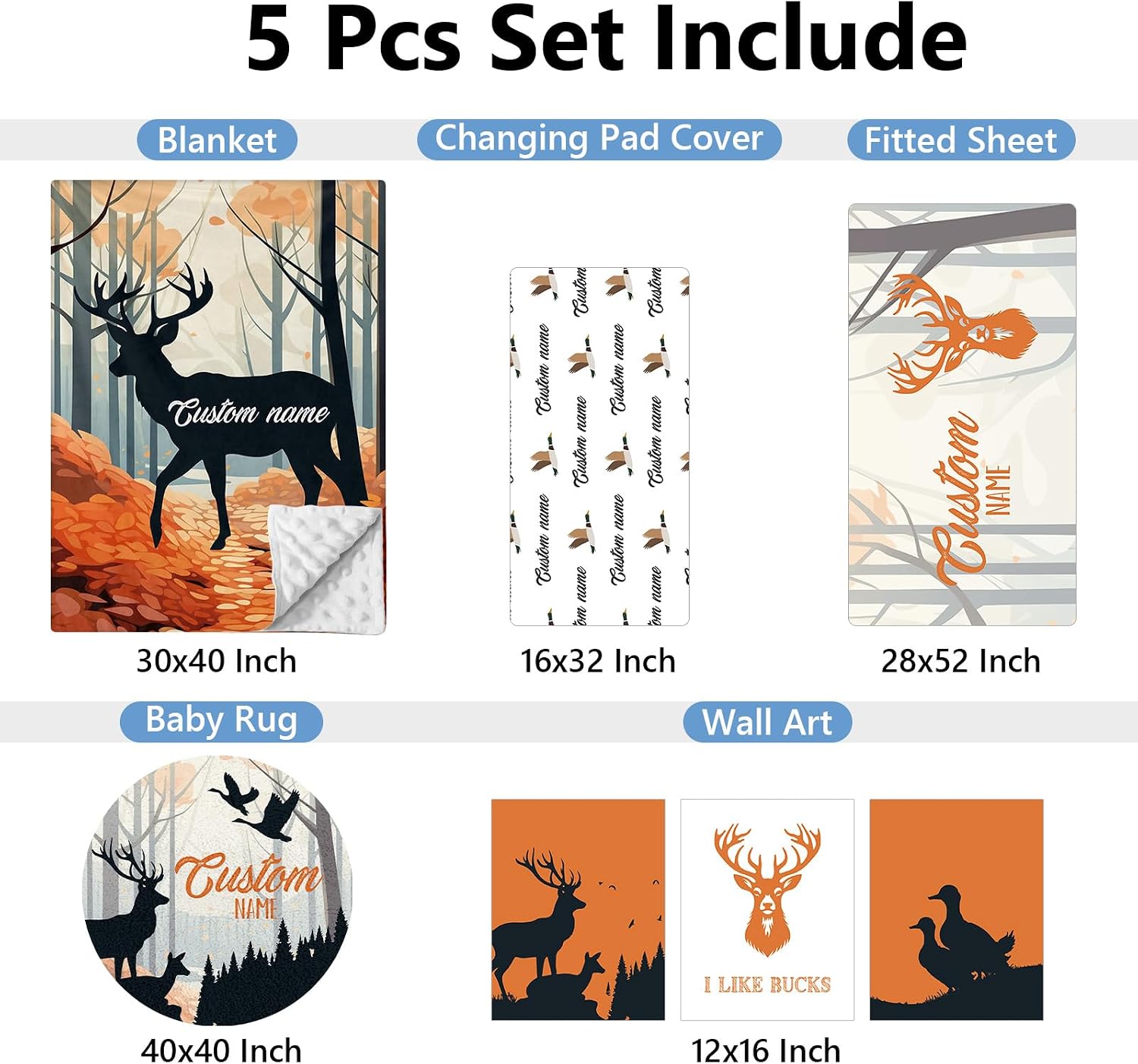 KAINSY Personalized Baby Crib Bedding Set, 5 Pcs Custom Baby Crib Set with Name, Soft Flannel Deer Crib Bedding Set for Boys, Double Layer Nursery Bedding Set, Toddler Infant Bedding Set Parents Gift
