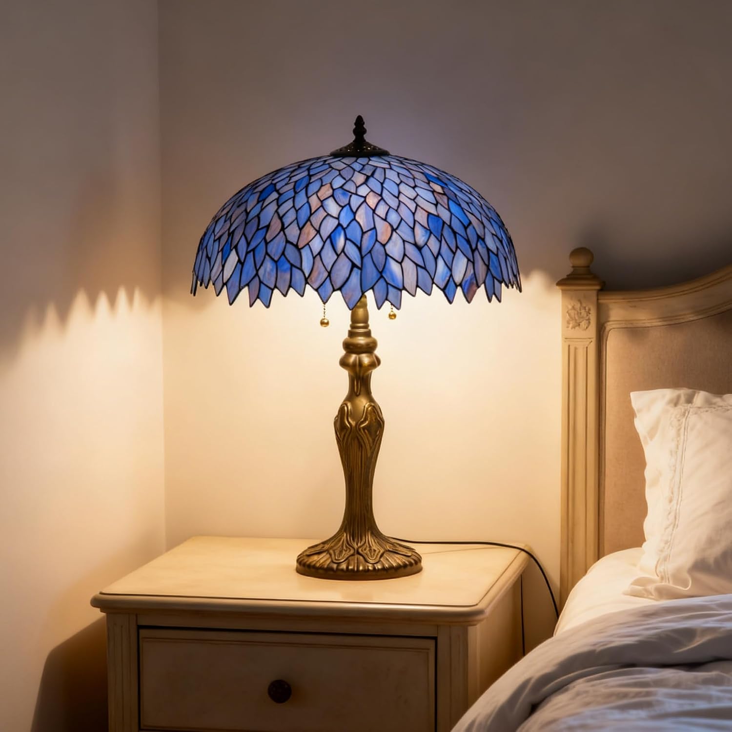 Tiffany Lamp 16' Blue Purple Wisteria Stained Glass Table Lamp for Large Space Vintage Style Antique Bronze Base Desk Light Decorate Bedside Bedroom Living Room Entry Hallway Home Office