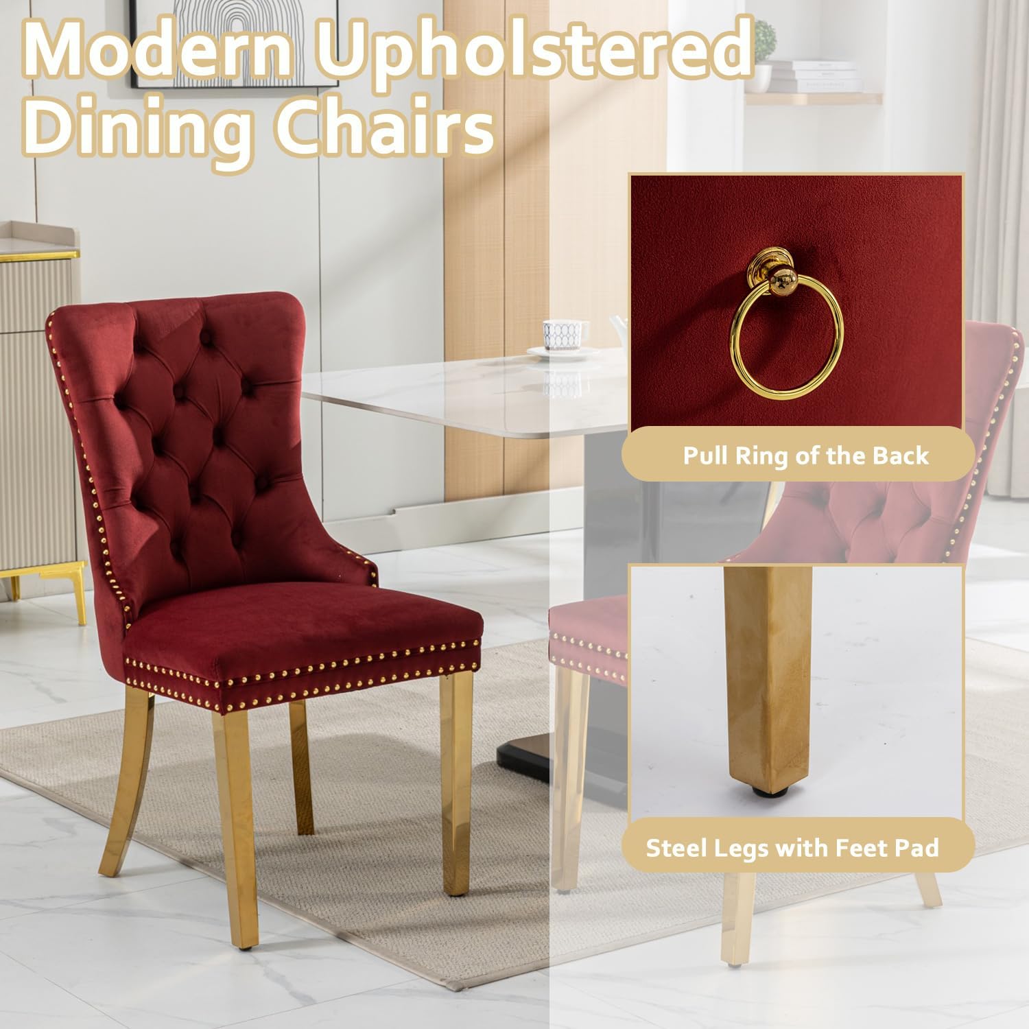 2 Piece Contemporary Velvet Upholstered Dining Chair with Chrome Stainless Steel Plating Legs, Nail Head Decro, Armless Tufted Dining Chair Fabric Dining Room Chair (Dark Red, Set of 2)