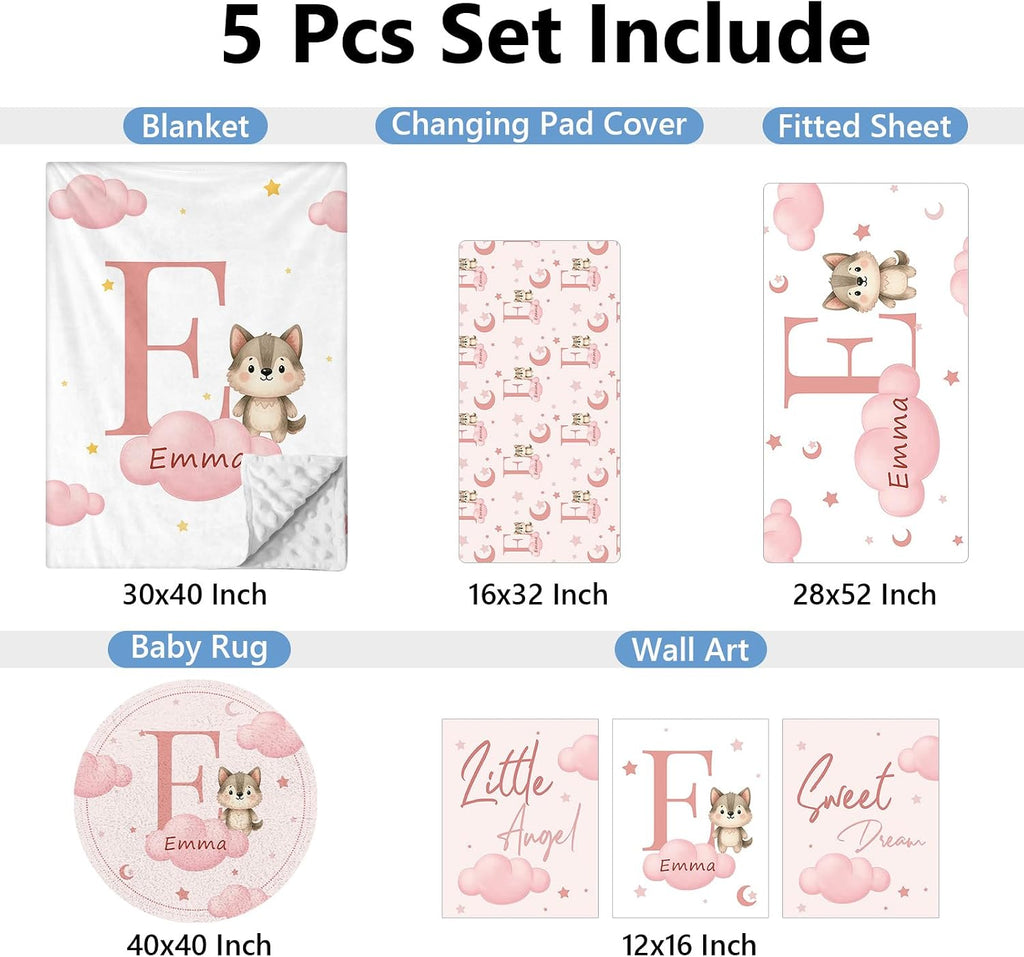 KAINSY Custom Crib Bedding Set, 5 Pcs Personalized Name Monogram Baby Crib Sets for Infants Toddlers, Pink Wolf Nursery Bedding Set for Boys Girls, Double Layer Baby Bedding Sets Customized Gifts
