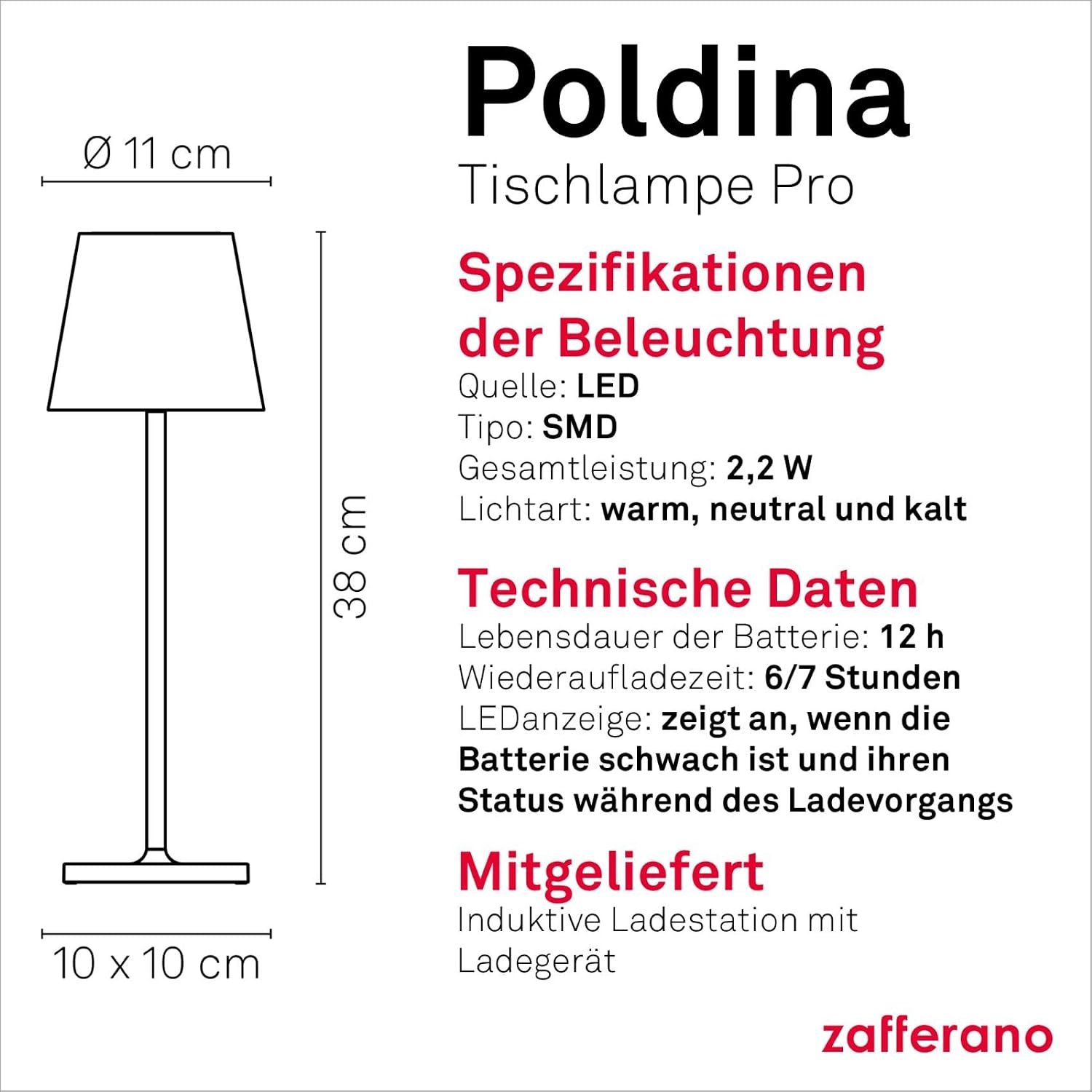 Zafferano, Poldina Pro, Rechargeable and Wireless Table Lamp with Touch Control, Can Also Be Used as Outdoor Light, Dimmer 2200-3000K, Height 38 cm, Corten Colour