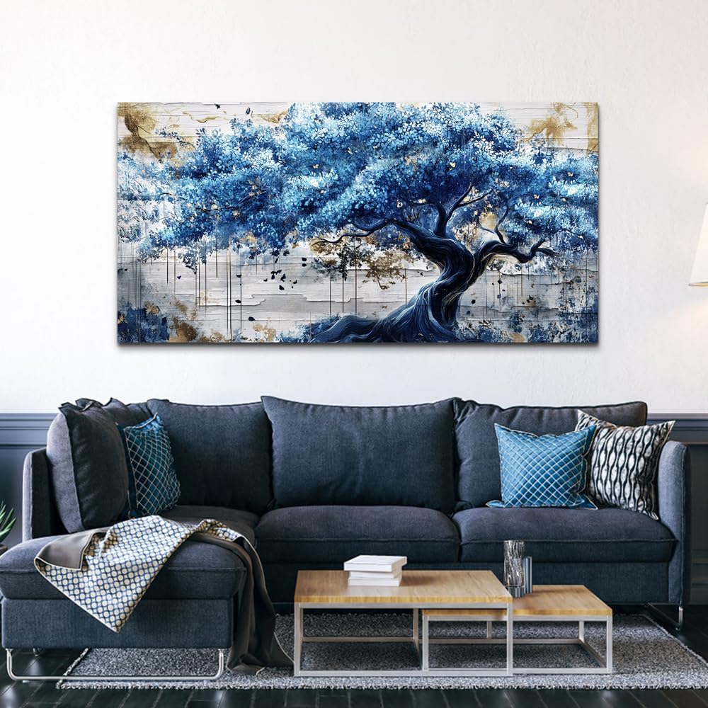 ERQINHUA Large Canvas Wall Decor For Living Room Wall Art For Bedroom Office Decor Blue Tree Wall Paintings Farmhouse Abstract Watercolour Pictures Artwork Home Decor Ready To Hang Posters 30'X60'