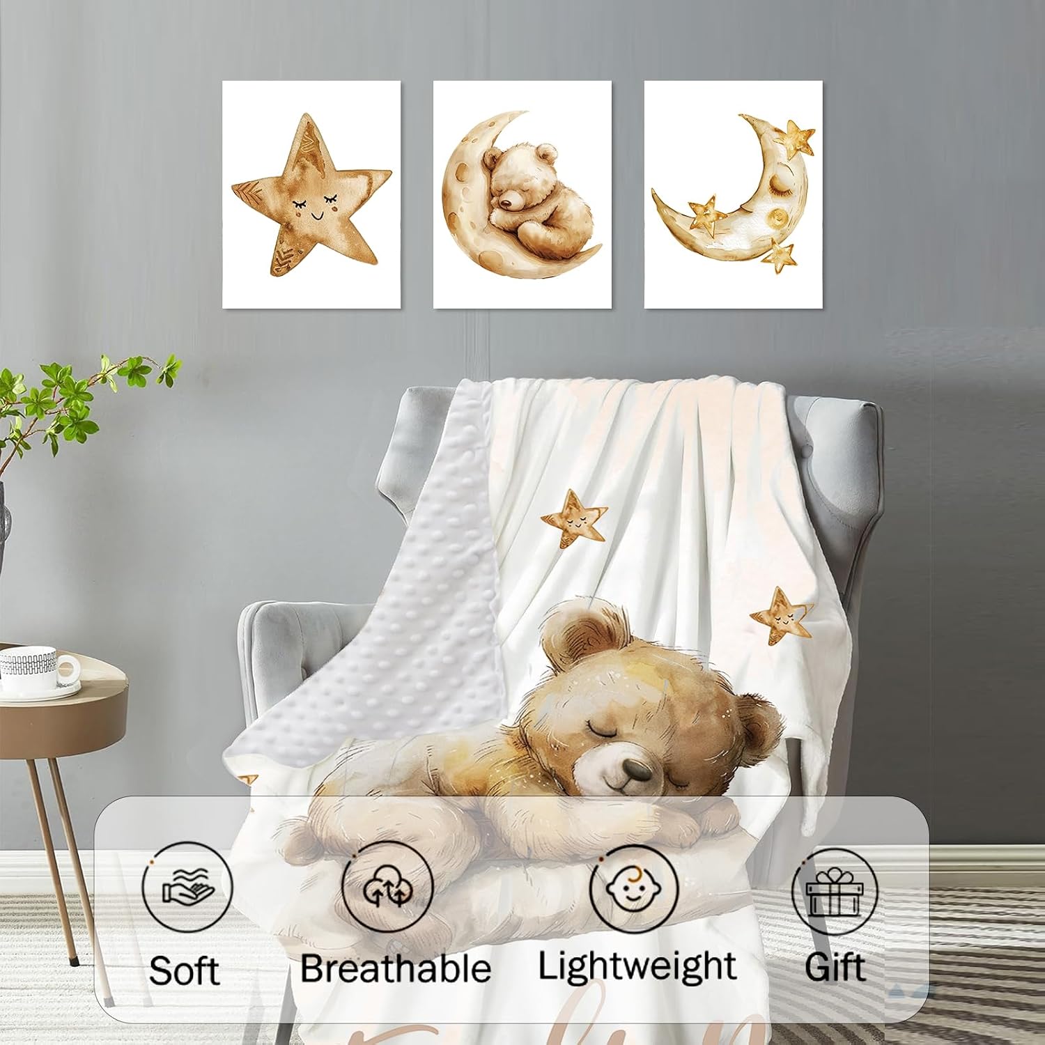 Personalized Crib Bedding Set for Baby Boys Girls, Custom Name Baby Crib Sets 5-Pcs Include Toddler Double Layer Blanket Fitted Sheet Changing Pad Cover Rug Wall Art Set, Bear Theme Nursery Décor