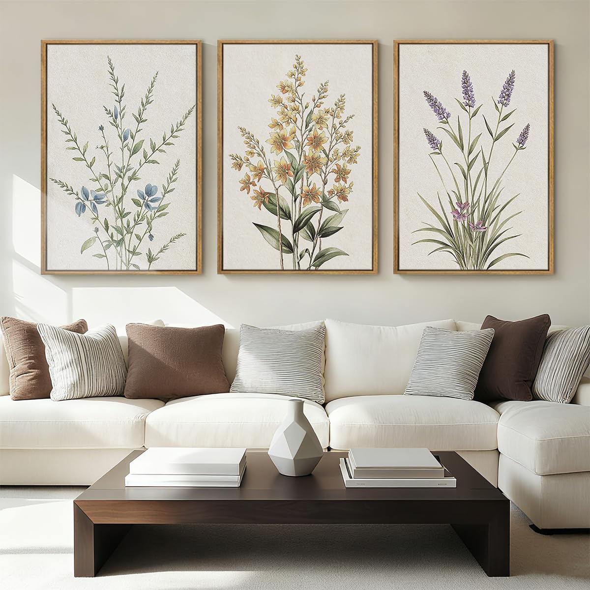 Anyzal Extral Large Botanical Framed Wall Art 24x36 Inch Neutral Floral Canvas Wall Decor Minimalist Beige Wildflower Painting for Living Room Bedroom Dining Room Set of 3