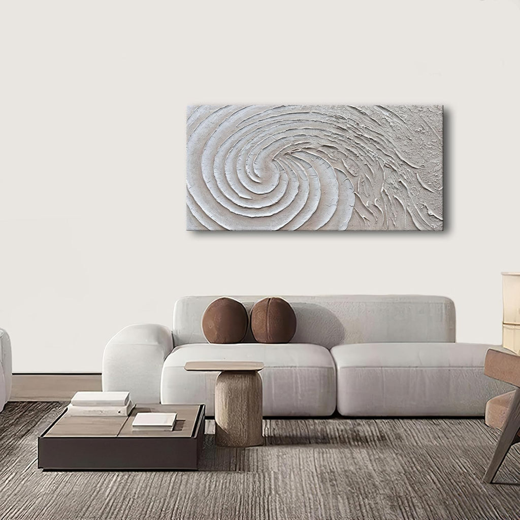 Slyart Thick Texture White Wall Art, Hand Painted 3D Ocean Wave Circle Oil Painting, 24'x48' Large White Canvas Abstract Wall Art