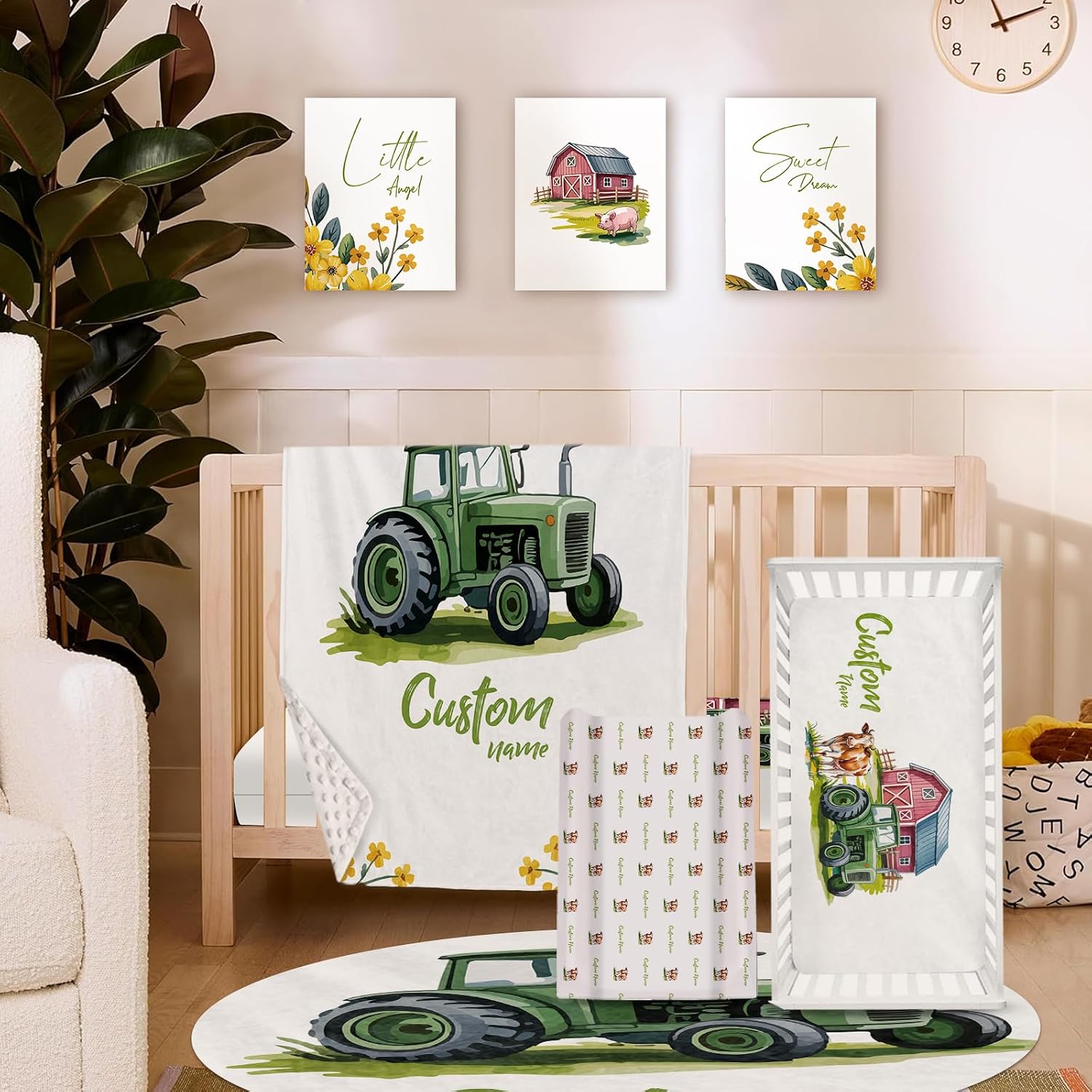 Personalized Crib Bedding Set for Baby Boys, Custom Name Baby Crib Sets 5-Pcs - Toddler Double Layer Blanket Fitted Sheet Changing Pad Cover Rug Wall Art Set, Green Tractor Theme Nursery Décor