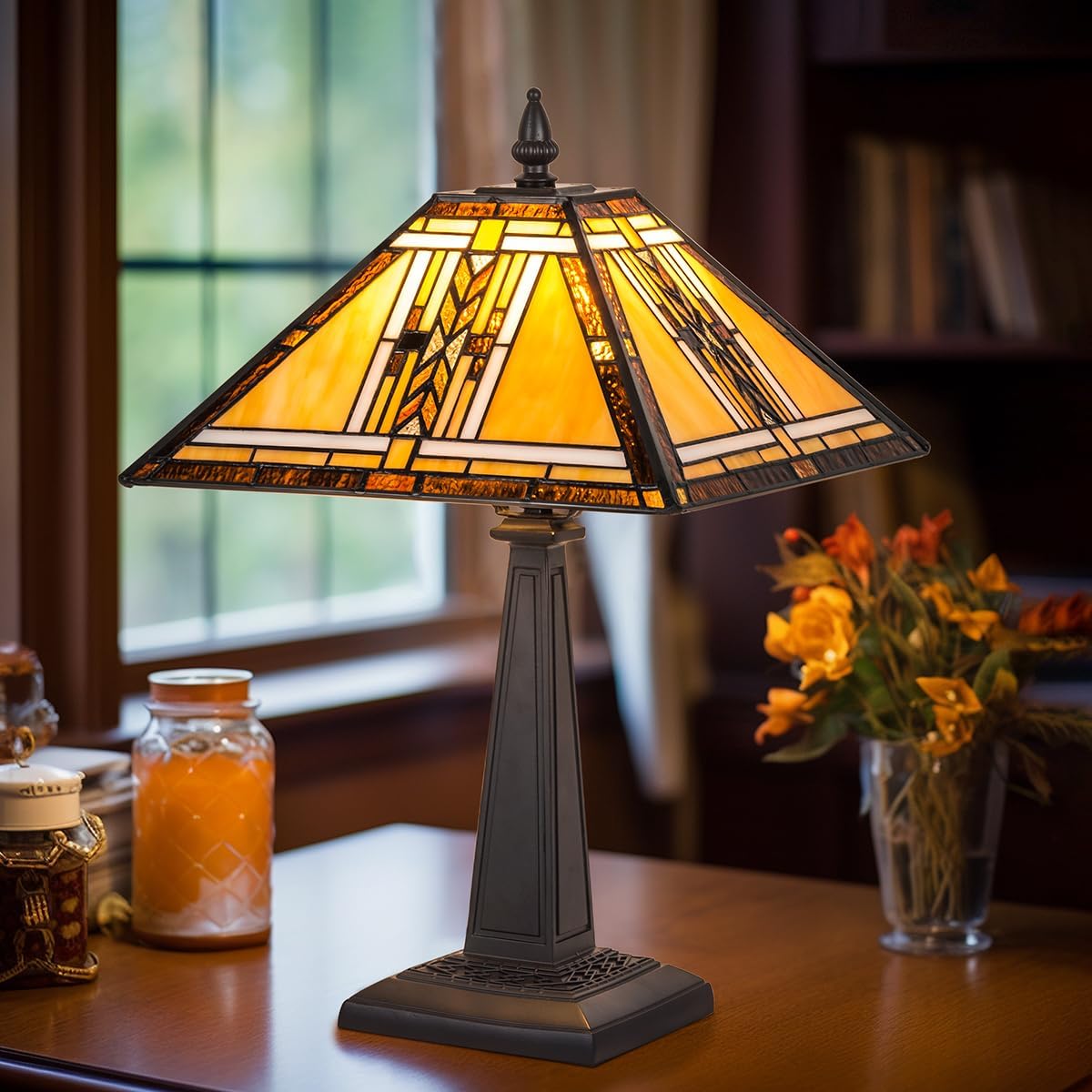 Tiffany Table Lamp,Mission Stained Glass Table Light,Antique Style Medium Size Desk Lamp Vintage Beside Reading Lamp for Living Room Bedroom Office