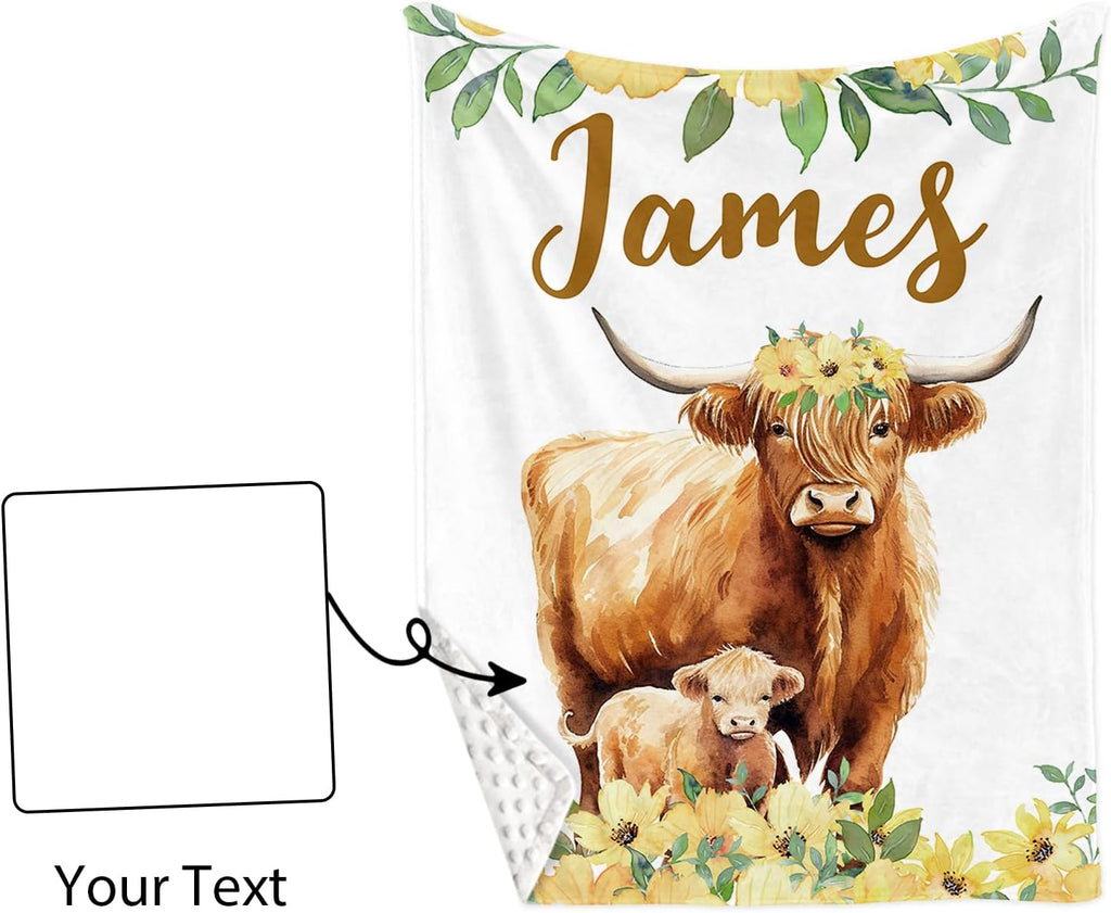 Personalized Baby Crib Bedding Set, 5-Piece Highland Cow Design Baby Crib Sets with Custom Name, Toddler Double Layer Blanket Fitted Sheets Changing Pad Cover Rug Wall Art Set, Charming Nursery Decor
