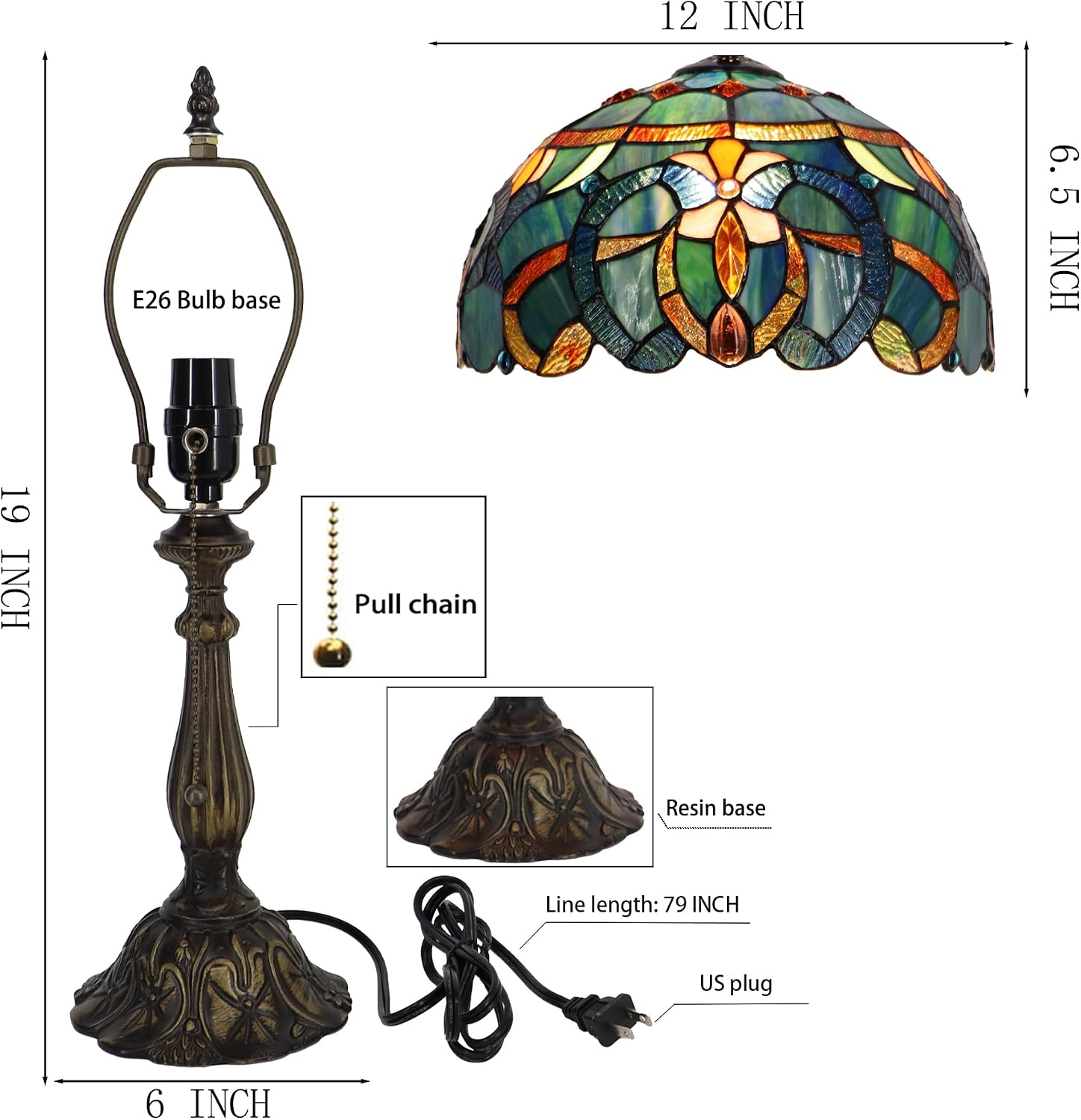Tiffany Lamp Table Lamp Bedside Reading Light W12H19 Inches (Blue Baroque Style)