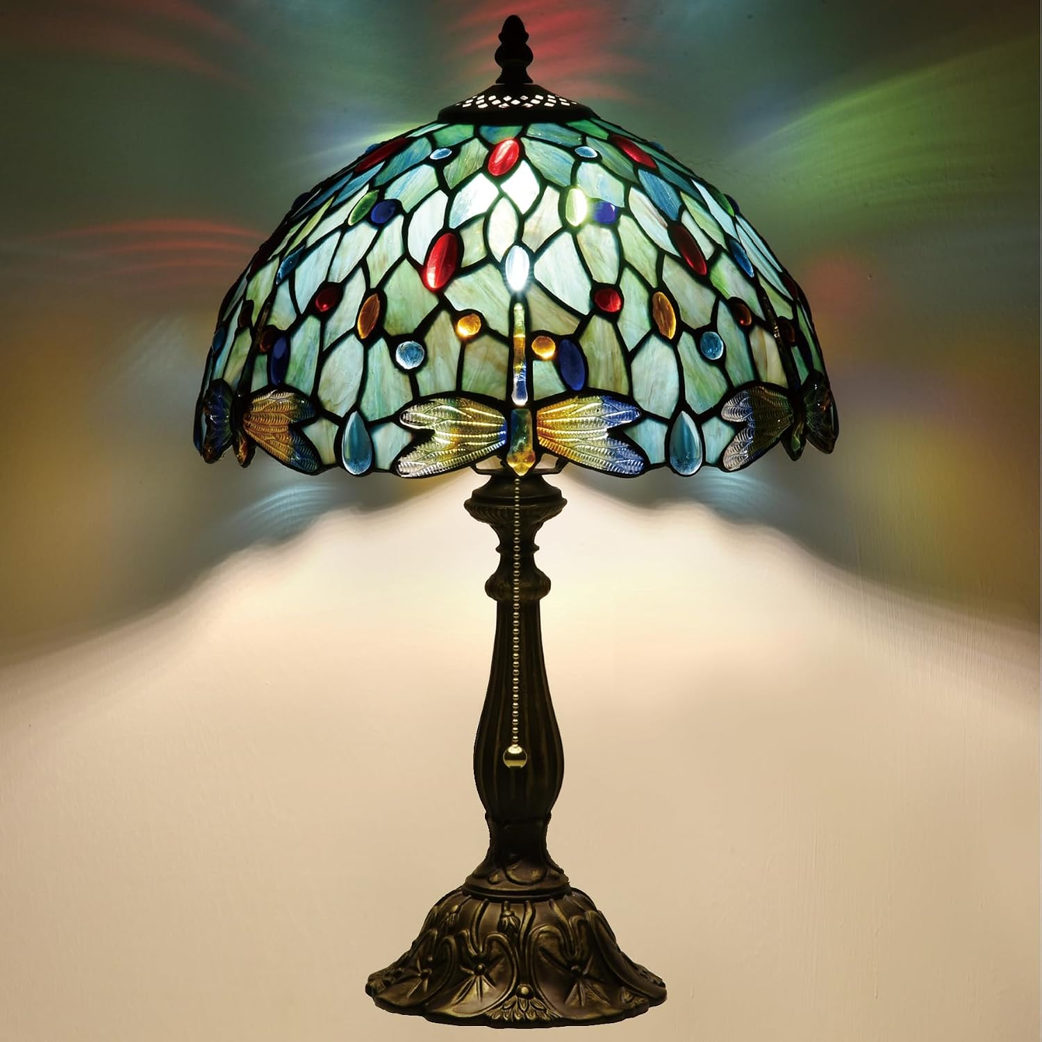 Tiffany Style Stained Glass Table Lamp 12-inch Dia Ocean Blue Dragonfly Design Lampshade Vintage Nightstand Light for Bedroom Dorm Living Hallway Cottage Office Cafe Ceremony Housewarming Gift
