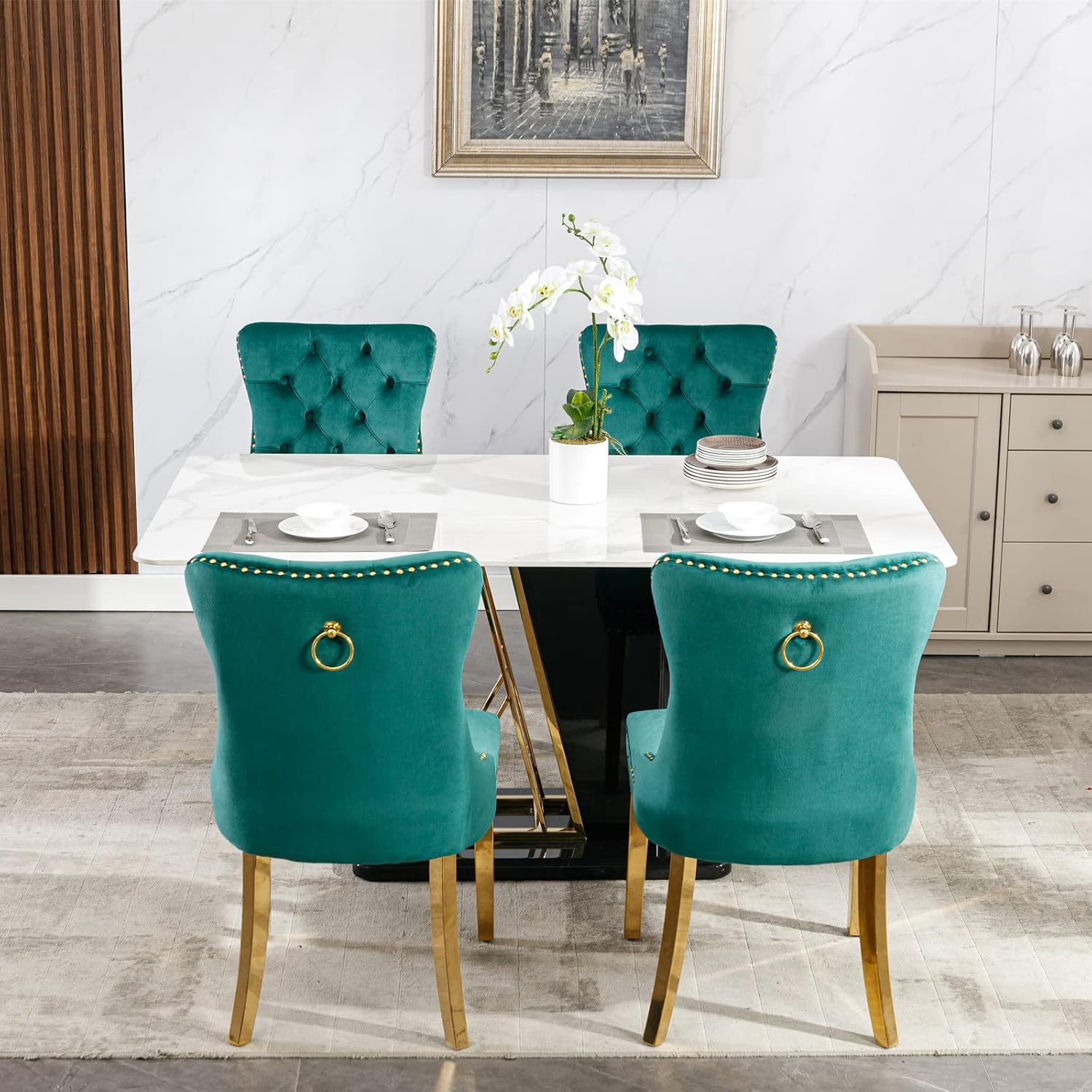 2 Piece Contemporary Velvet Upholstered Dining Chair with Chrome Stainless Steel Plating Legs, Nail Head Decro, Armless Tufted Dining Chair Fabric Dining Room Chair (Green&Gold, Set of 2)