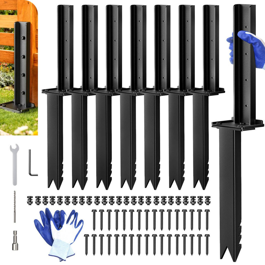 Goovilla Fence Post Repair Kit, 8Pcs Heavy Duty Fence Post Anchor Ground Stakes, Robust Quick-Fix Wood Support for Broken/Leaning/Tilted/Degraded Wood with Gloves/Installation, Easy to Install,Black